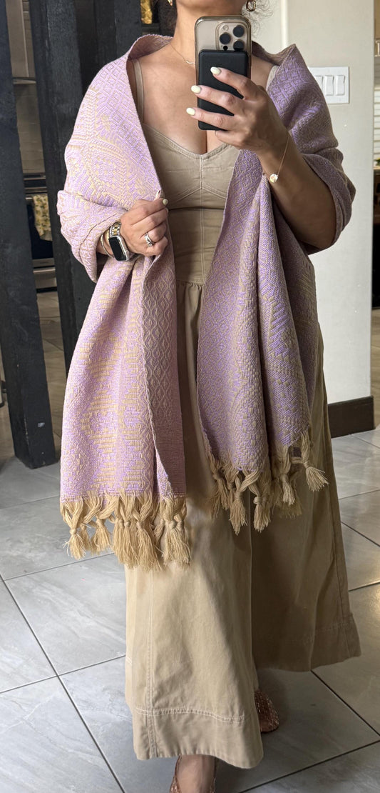 Traditional Handwoven Mexican Rebozo Shawl from Puebla | Lavender & Khaki  Shawl | 80x28 in | CasaArtMex