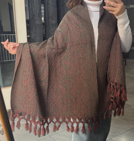 Handwoven Mexican Rebozo Shawl – Charcoal, Green & Peach, Puebla Artisan Craft