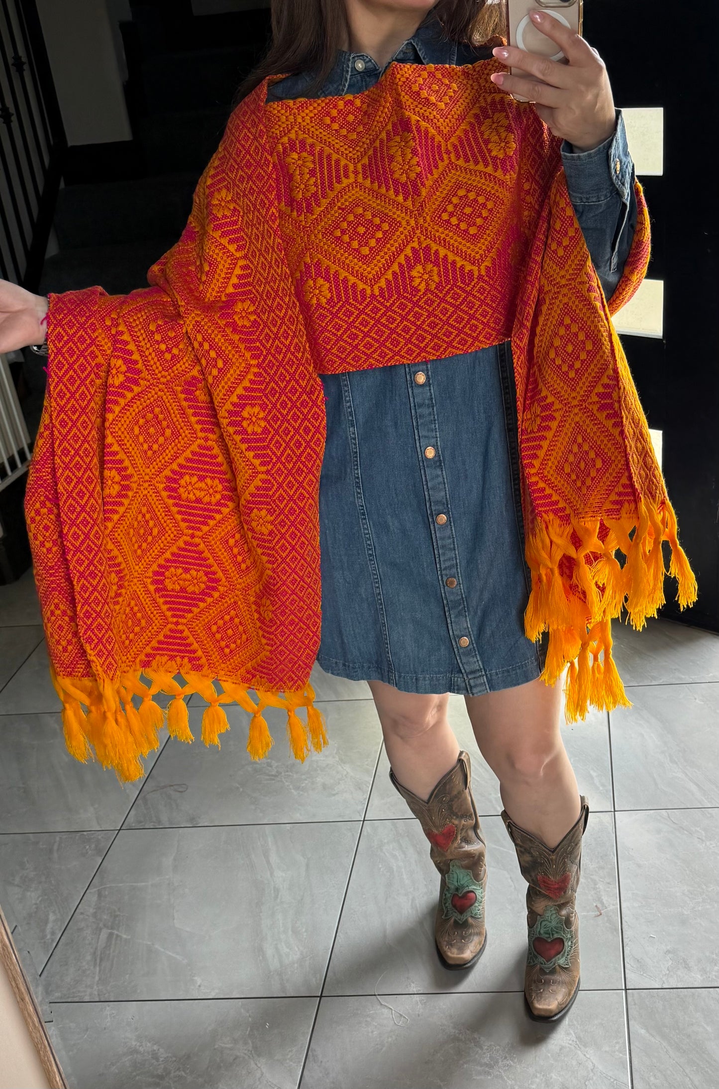 Mexican Woven Rebozo with Chest Panel – Artisan-Made Traditional Shawl – Unique Design (Copy)