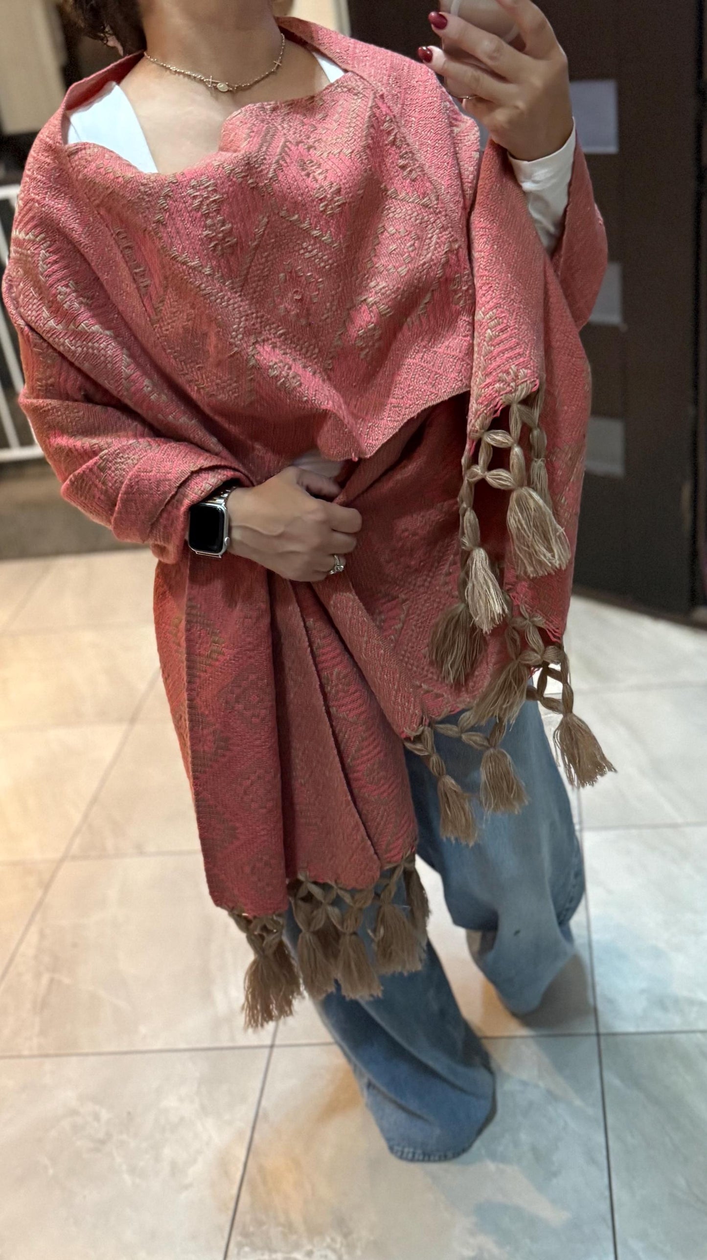 Handwoven Mexican Rebozo – Pink & Khaki Shawl from Puebla | 80x28 in | CasaArtMex