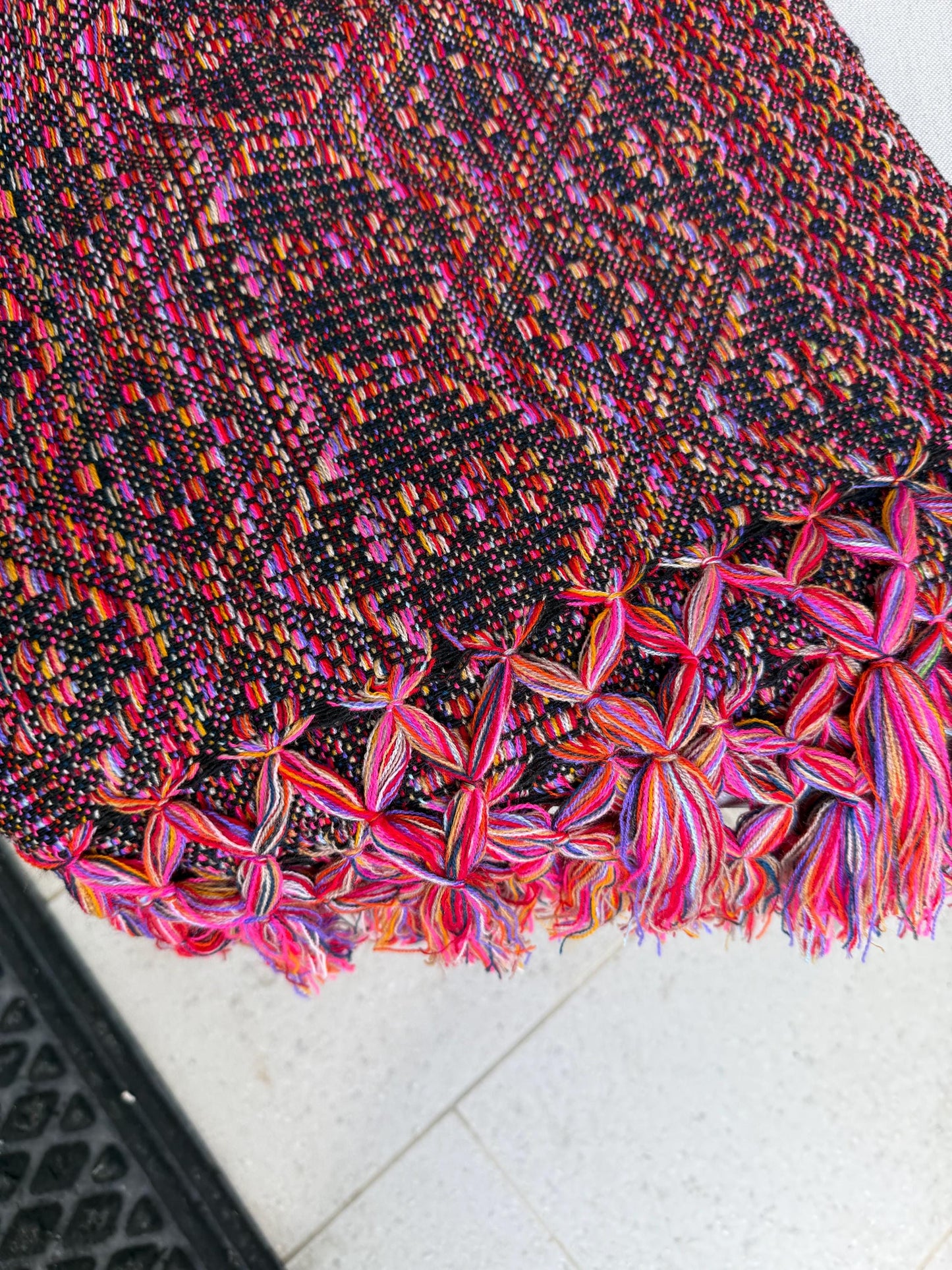 Mexican Rebozo with front panel – Black Multicolor Shawl from Puebla | 80x28 in | CasaArtMex