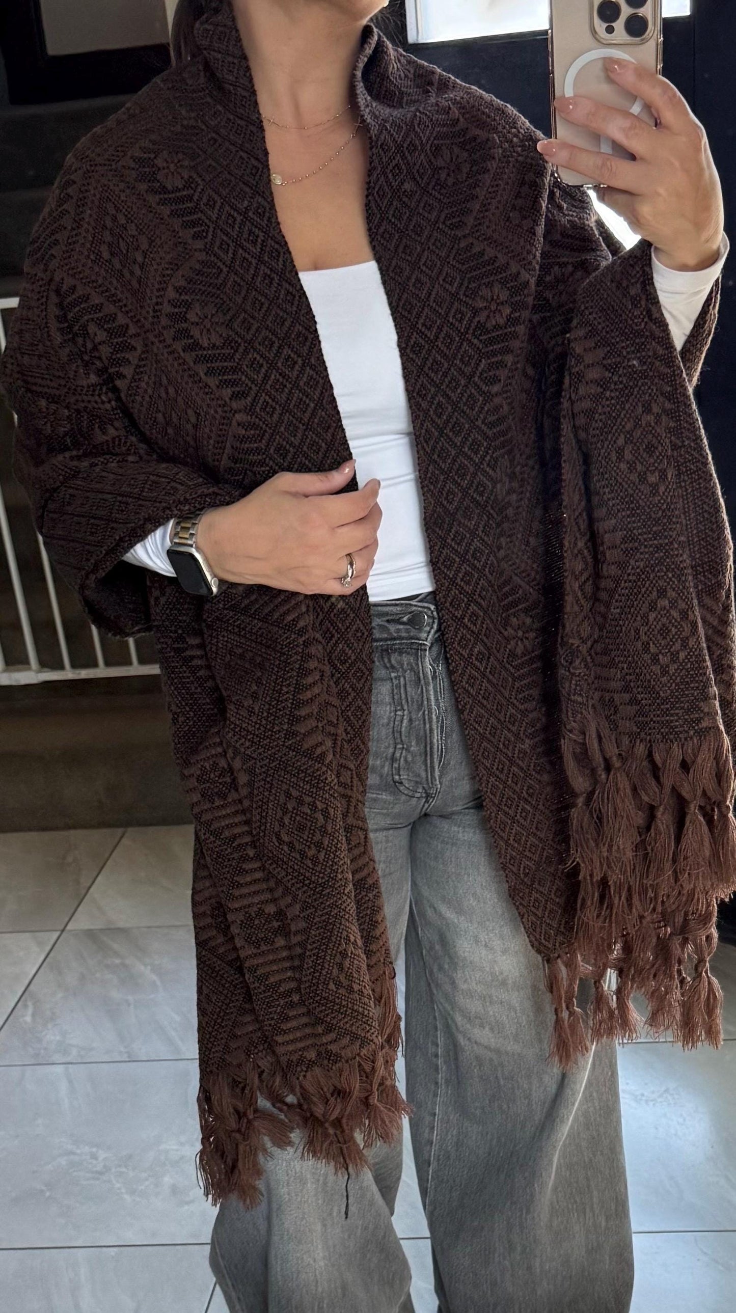 Handwoven Mexican Rebozo Shawl | Brown & Black | Traditional Loom-Woven from Puebla – 80x28 in – CasaArtMex