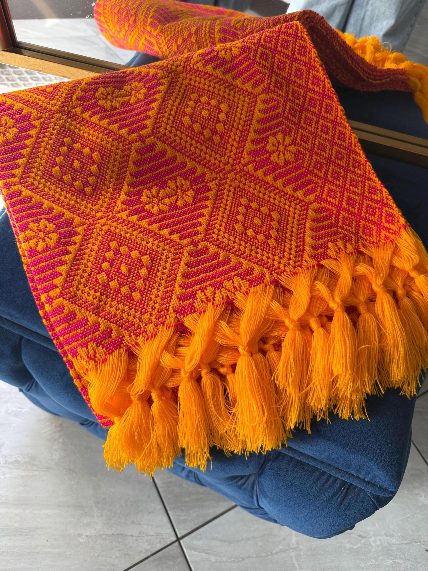 Handwoven Mexican Rebozo with pechera – Pink  | yellow |  Shawl from Puebla | 80x28 in | CasaArtMex
