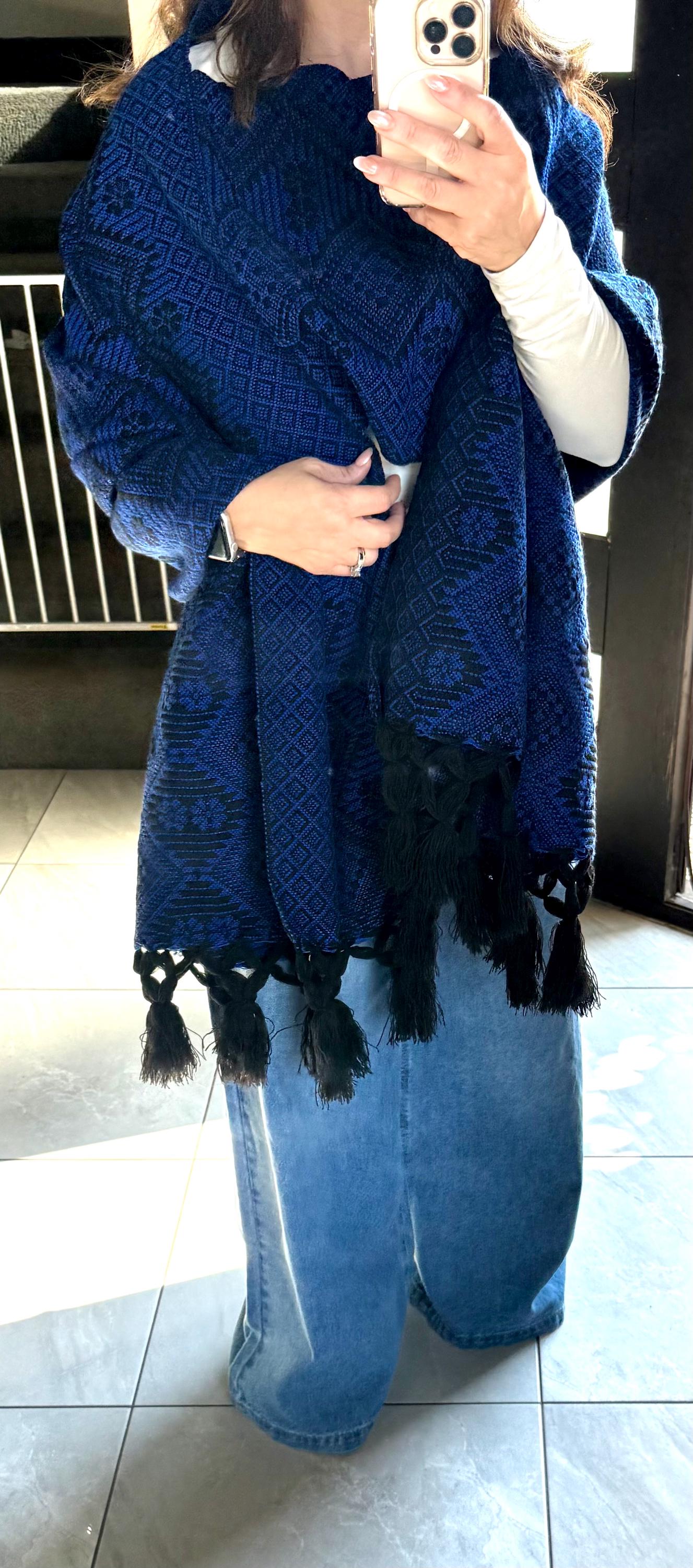 Handwoven Mexican Rebozo Shawl - Black & Blue Artisan Wrap