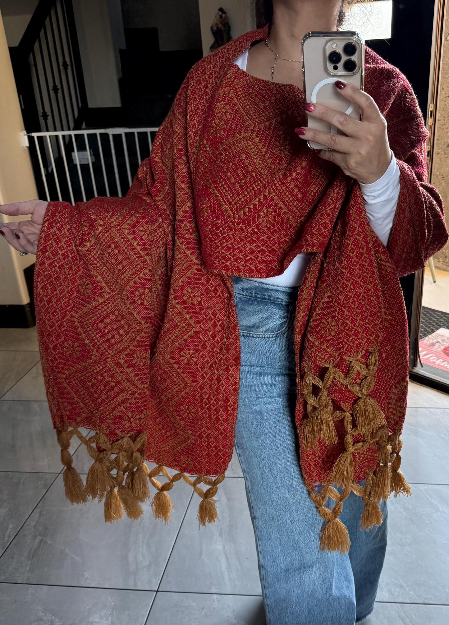 Mexican Rebozo Shawl with front panel (pechera) Gold & Red  – Handwoven Artisan Wrap – Authentic Mexican Scarf from Puebla