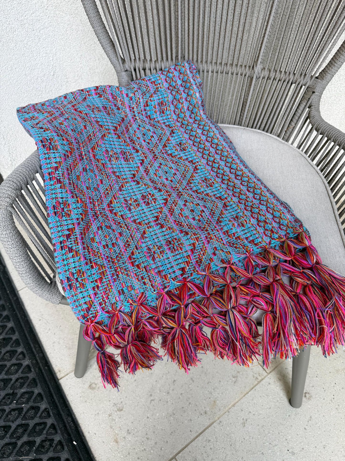 Mexican Rebozo with front panel – Turquoise Multicolor Shawl from Puebla | 80x28 in | CasaArtMex
