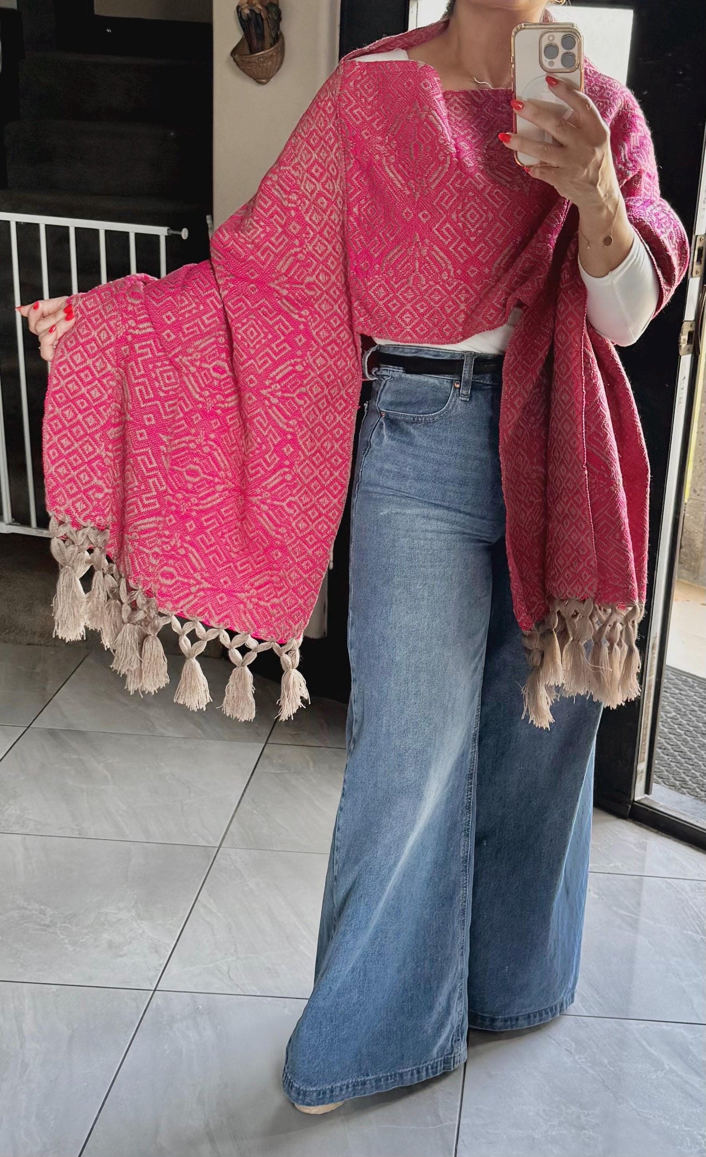 Mexican Rebozo Shawl Pink & Khaki – Handwoven Artisan Wrap – Authentic Mexican Scarf from Puebla with front panel ( pechera)