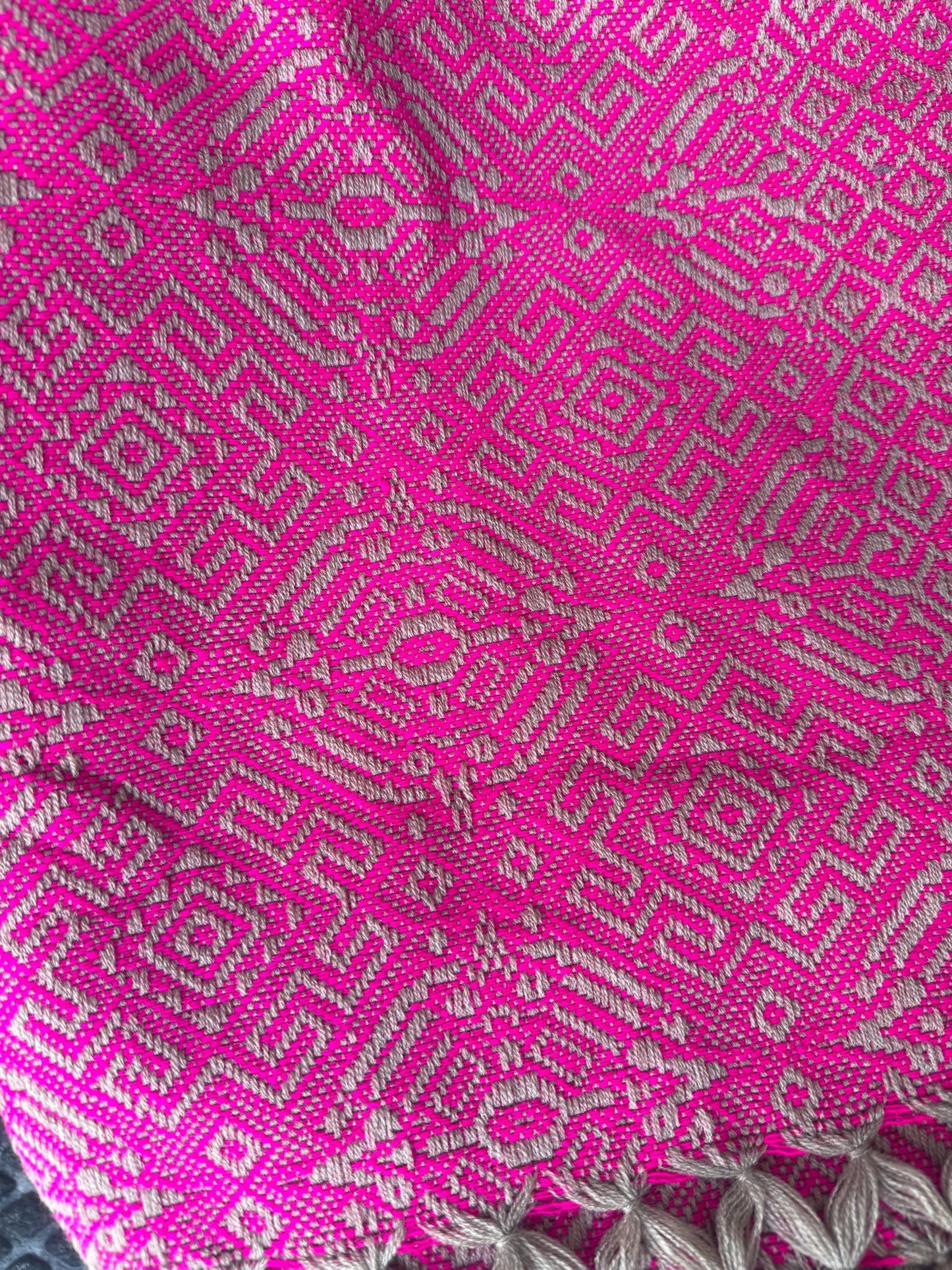 Mexican Rebozo Shawl Pink & Khaki – Handwoven Artisan Wrap – Authentic Mexican Scarf from Puebla with front panel ( pechera)