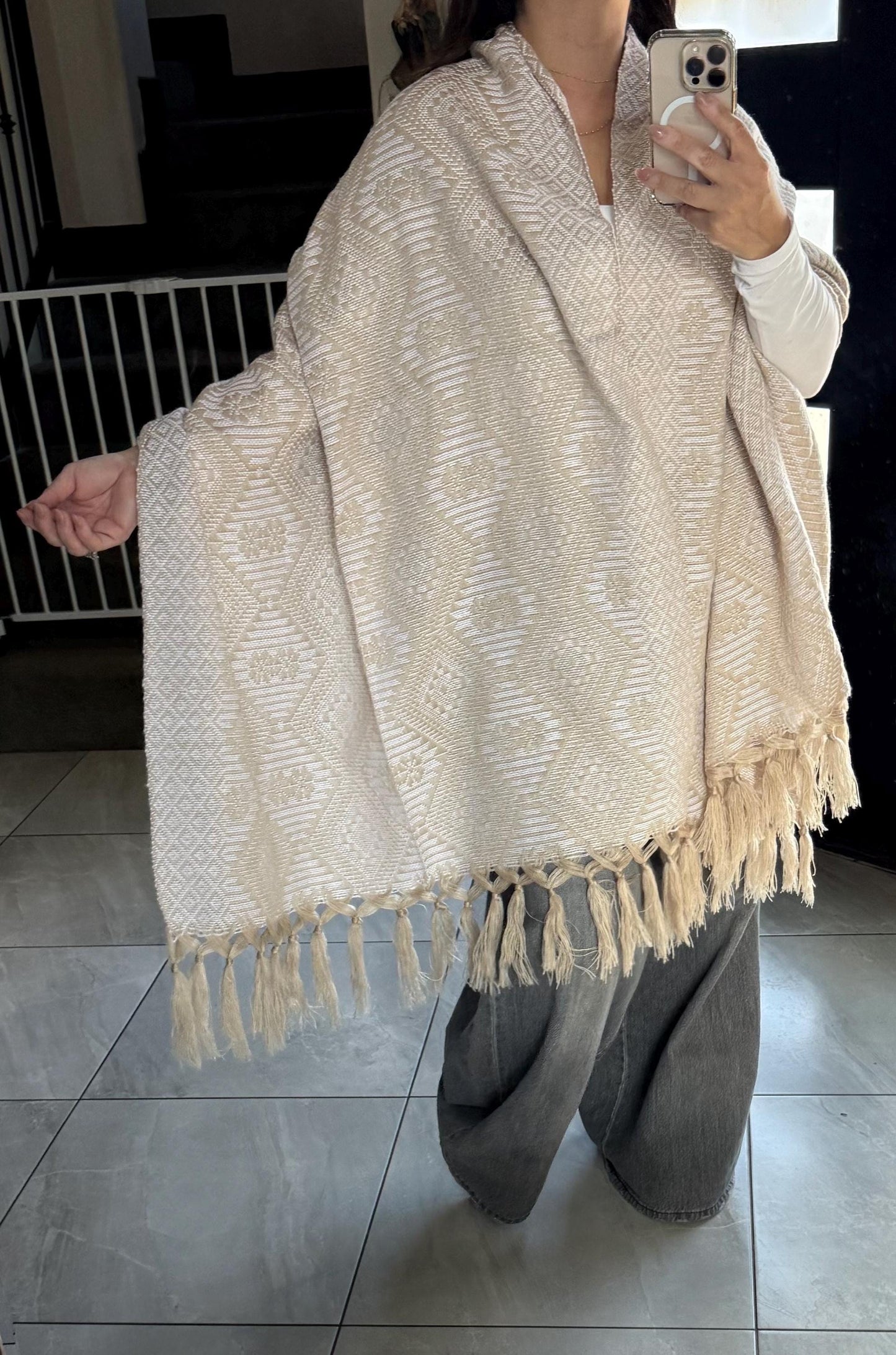 Traditional Handwoven Mexican Rebozo Khaki & White Shawl from Puebla | Loom-Woven Shawl | 80x28 in | CasaArtMex
