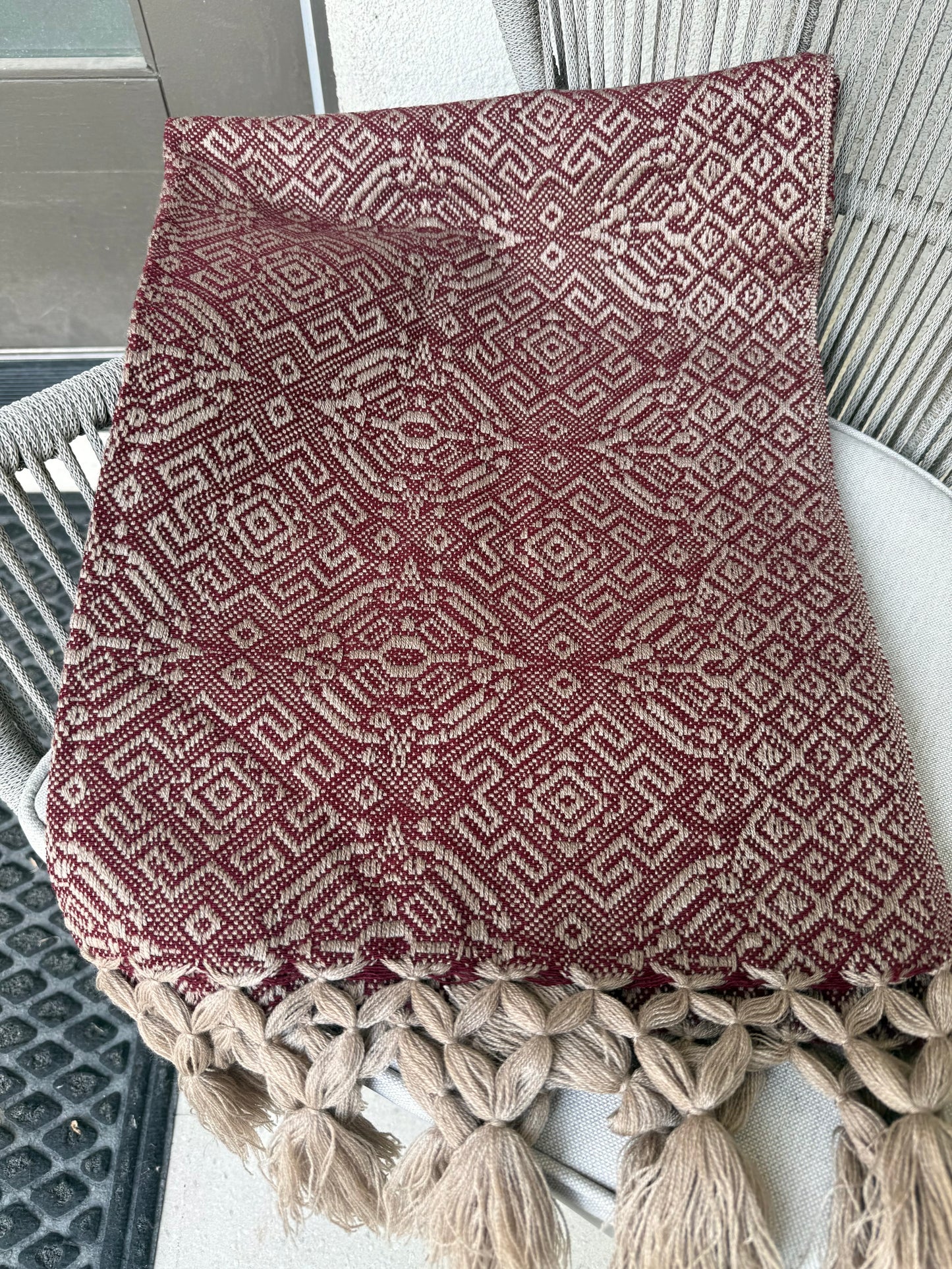 Handwoven Mexican Rebozo – Khaki and Burgundy Shawl from Puebla | 80x28 in | CasaArtMex