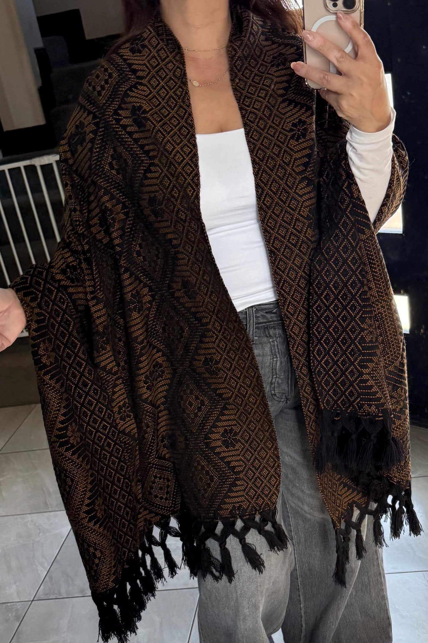 Handwoven Mexican Rebozo Shawl | Black & brown | Traditional Loom-Woven from Puebla – 80x28 in – CasaArtMex