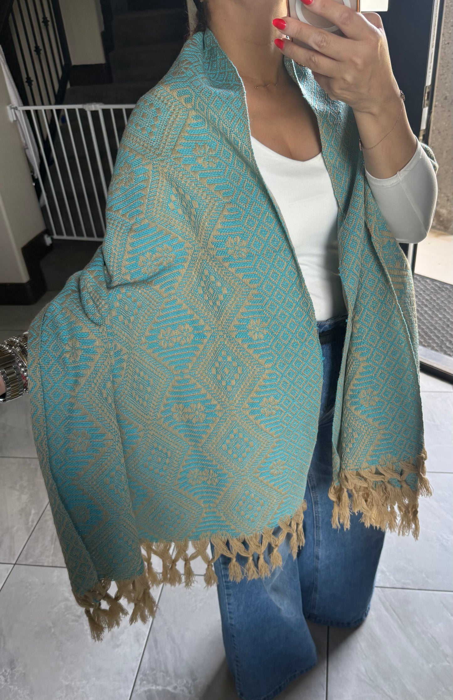Mexican Rebozo Shawl Khaki and Turquoise Handwoven Artisan Wrap – Authentic Mexican Scarf from Puebla