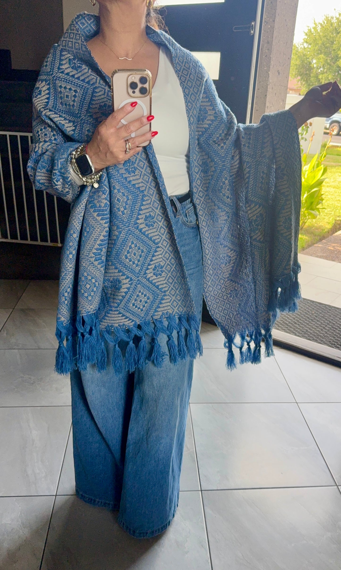 Traditional Handwoven Mexican Rebozo Shawl from Puebla | Blue & Ivory Shawl | 80x28 in | CasaArtMex (Copy)