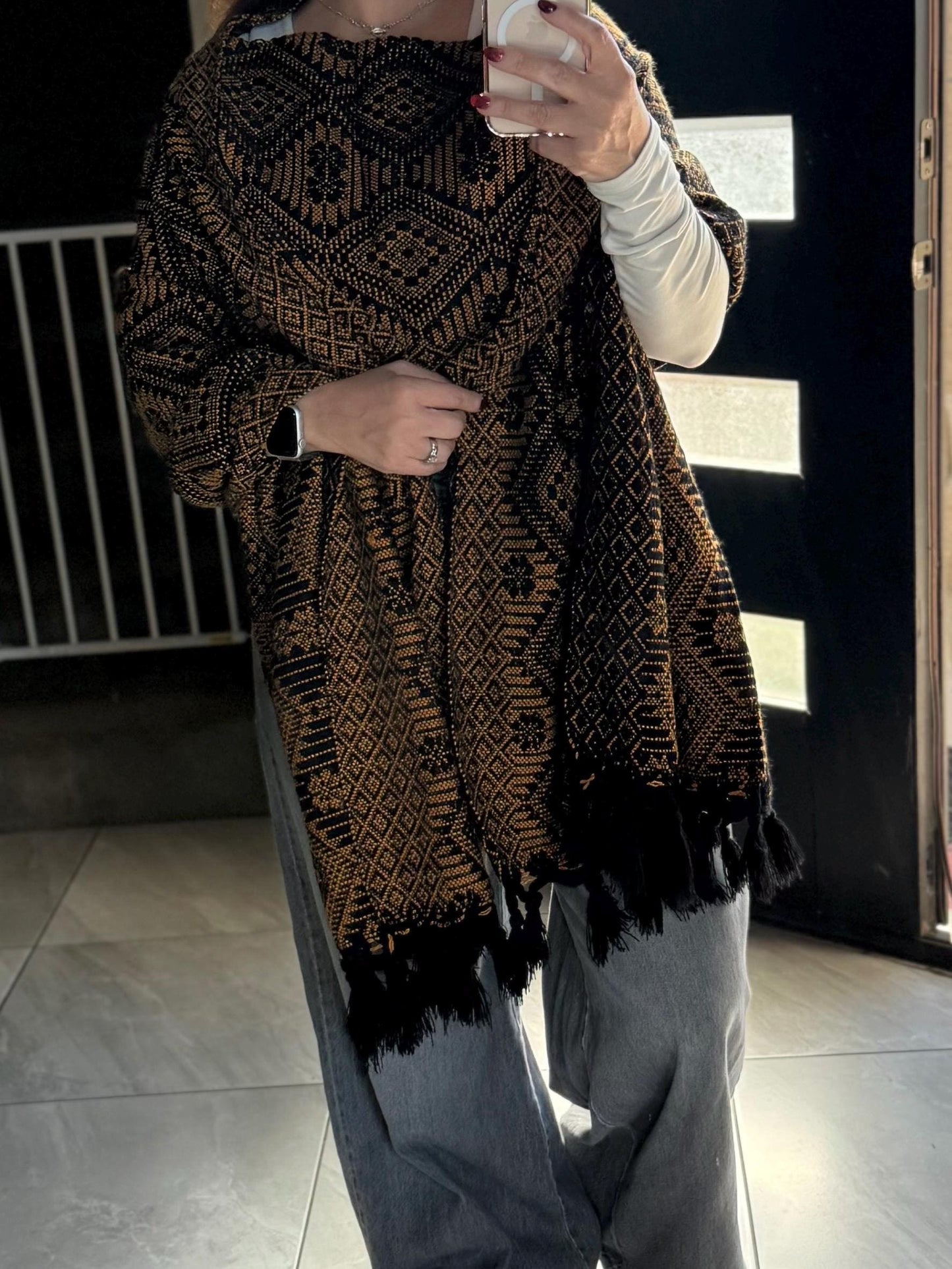 Handwoven Mexican Rebozo Shawl – Black & Yellow Puebla Scarf