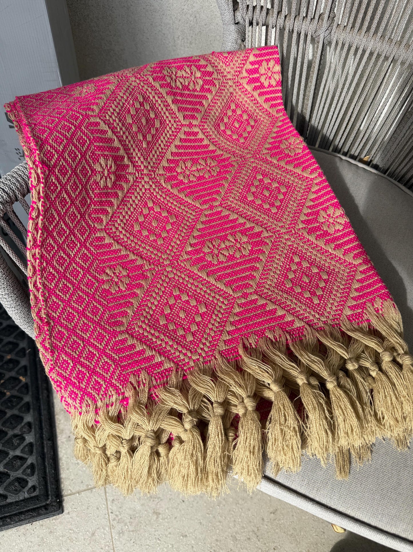 Handwoven Mexican Rebozo – Pink  | khaki |  Shawl from Puebla | 80x28 in | CasaArtMex rare to find