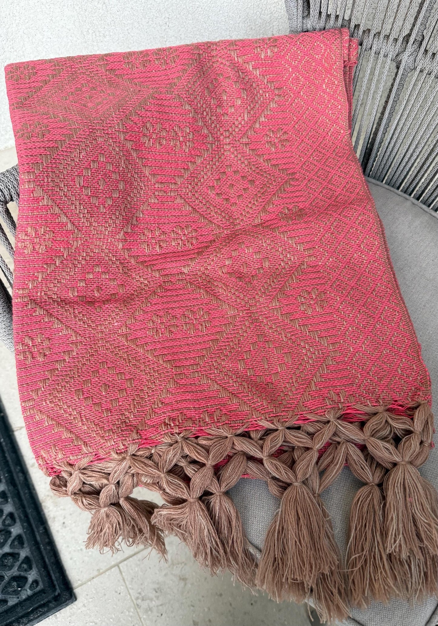 Handwoven Mexican Rebozo – Pink & Khaki Shawl from Puebla | 80x28 in | CasaArtMex