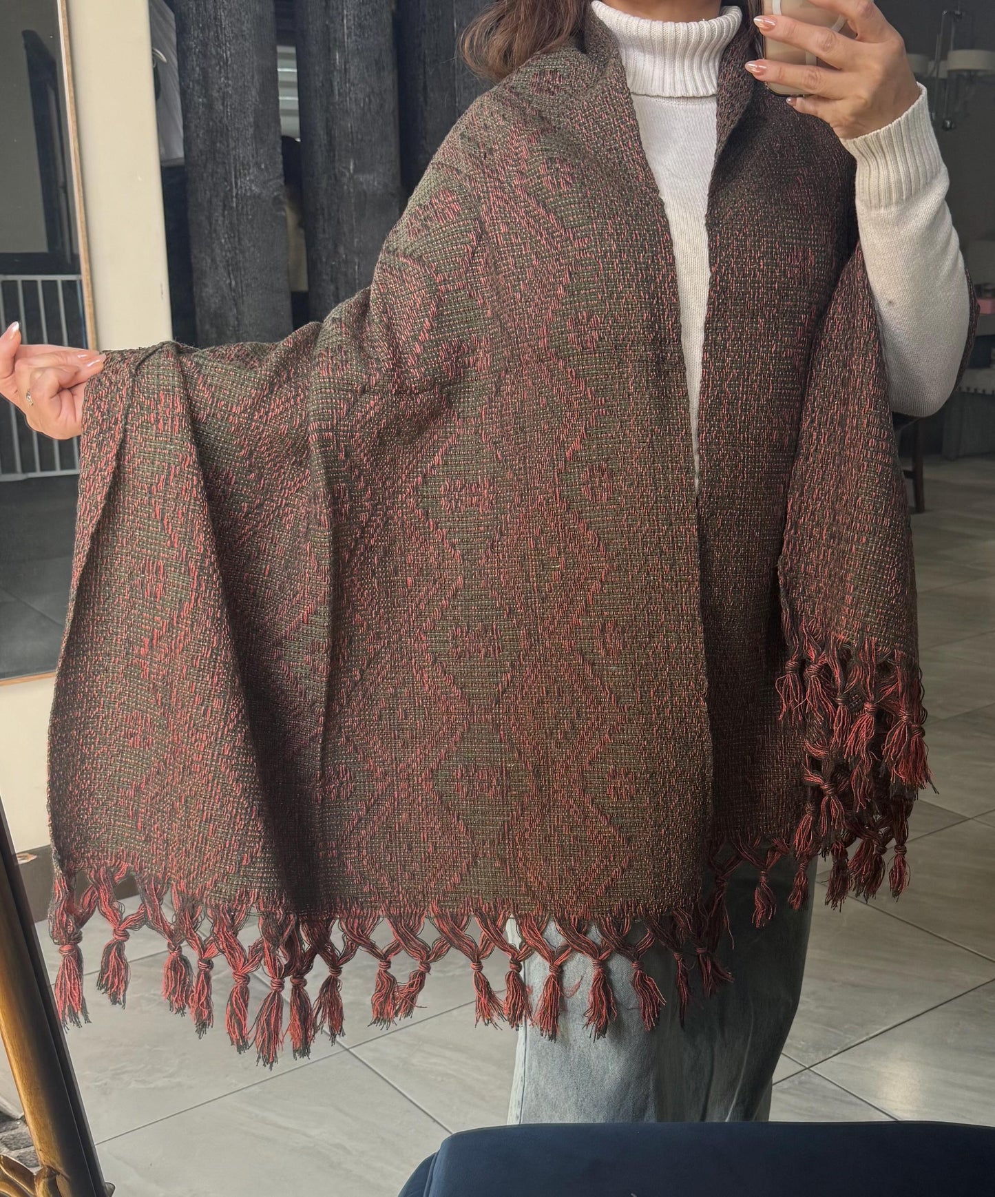 Handwoven Mexican Rebozo Shawl – Charcoal, Green & Peach, Puebla Artisan Craft