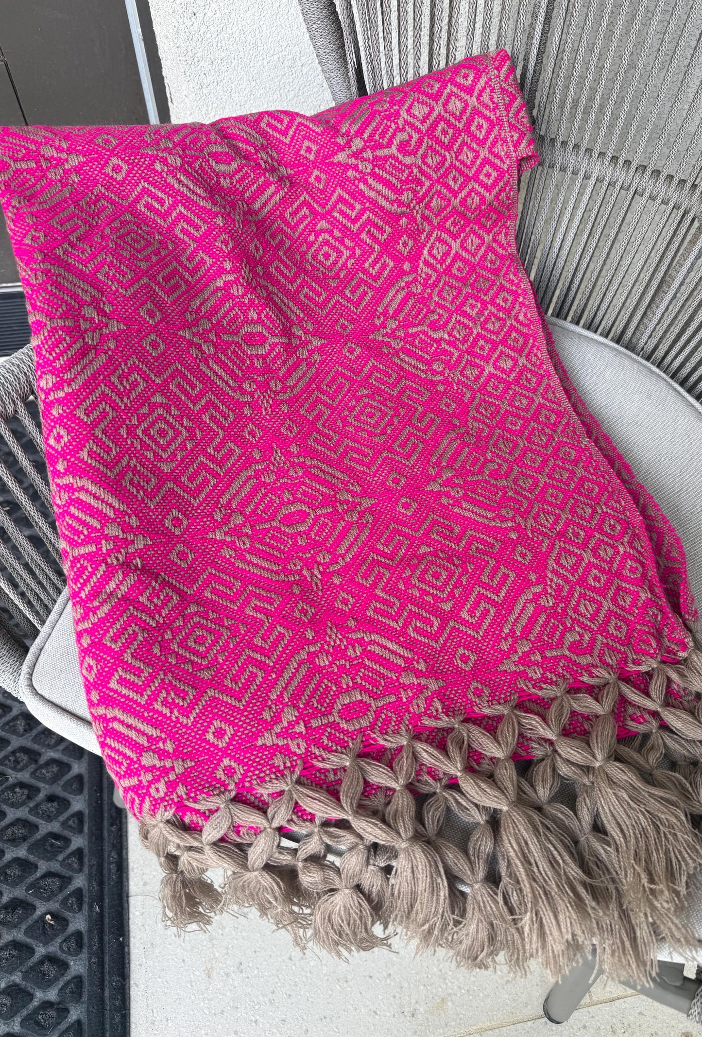 Mexican Rebozo Shawl Pink & Khaki – Handwoven Artisan Wrap – Authentic Mexican Scarf from Puebla with front panel ( pechera)