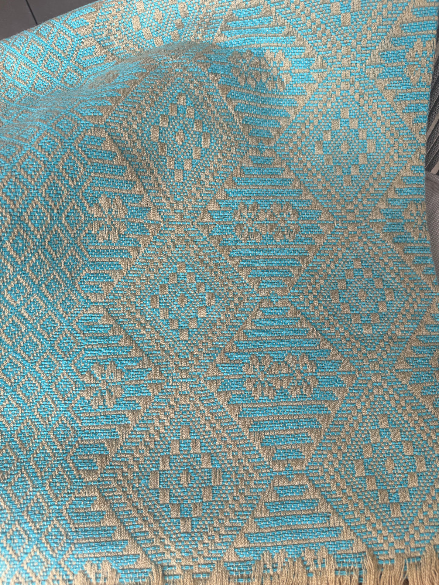 Mexican Rebozo Shawl Khaki and Turquoise Handwoven Artisan Wrap – Authentic Mexican Scarf from Puebla
