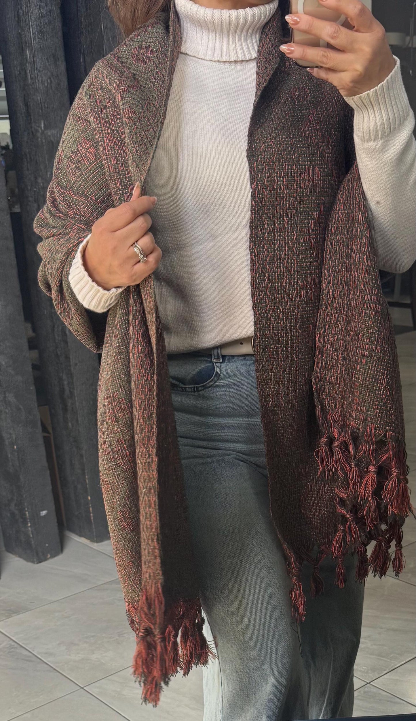 Handwoven Mexican Rebozo Shawl – Charcoal, Green & Peach, Puebla Artisan Craft