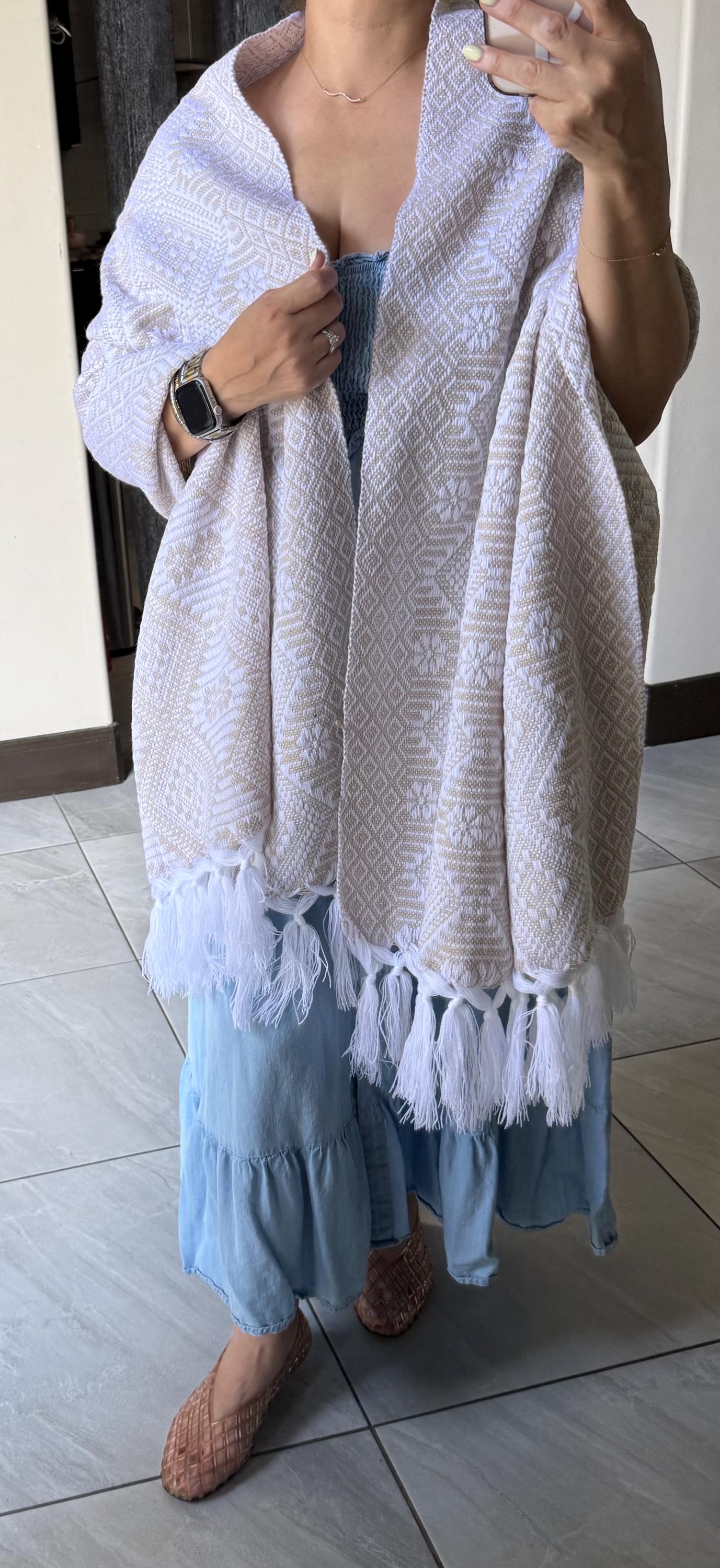Traditional Handwoven Mexican Rebozo Shawl from Puebla |White & Khaki Loom-Woven Shawl | 80x28 in | CasaArtMex