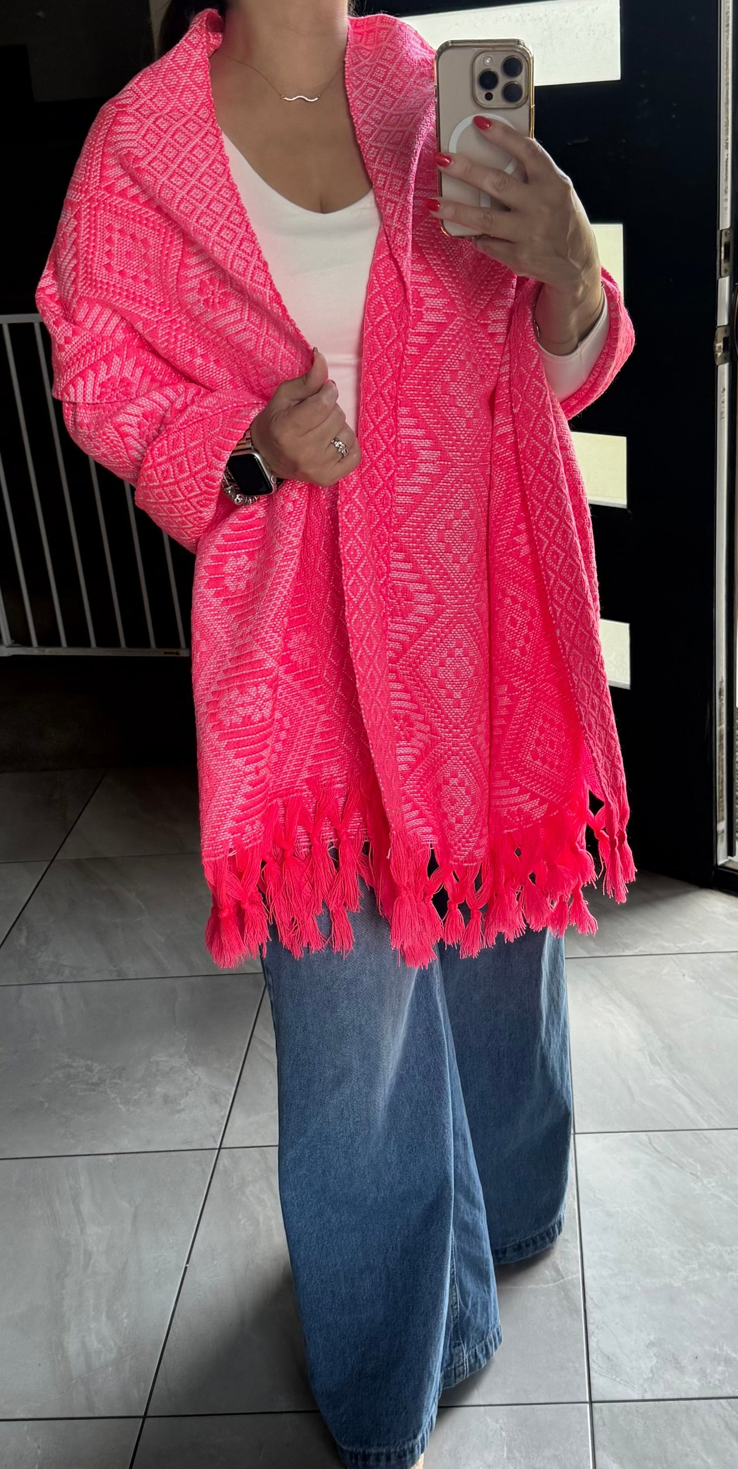 Mexican Rebozo Shawl Hot Pink & White Handwoven Artisan Wrap – Authentic Mexican Scarf from Puebla