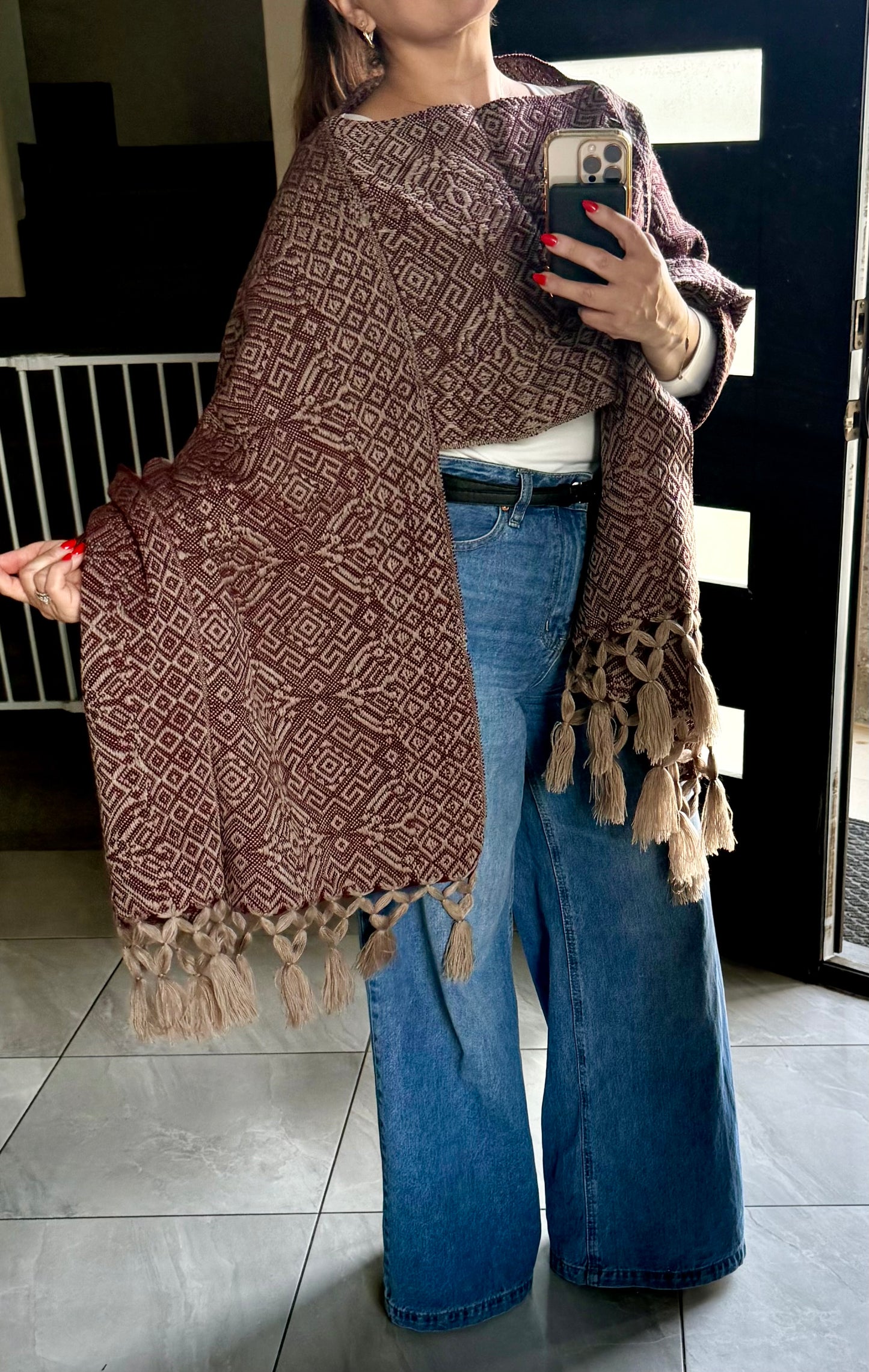 Handwoven Mexican Rebozo – Khaki and Burgundy Shawl from Puebla | 80x28 in | CasaArtMex