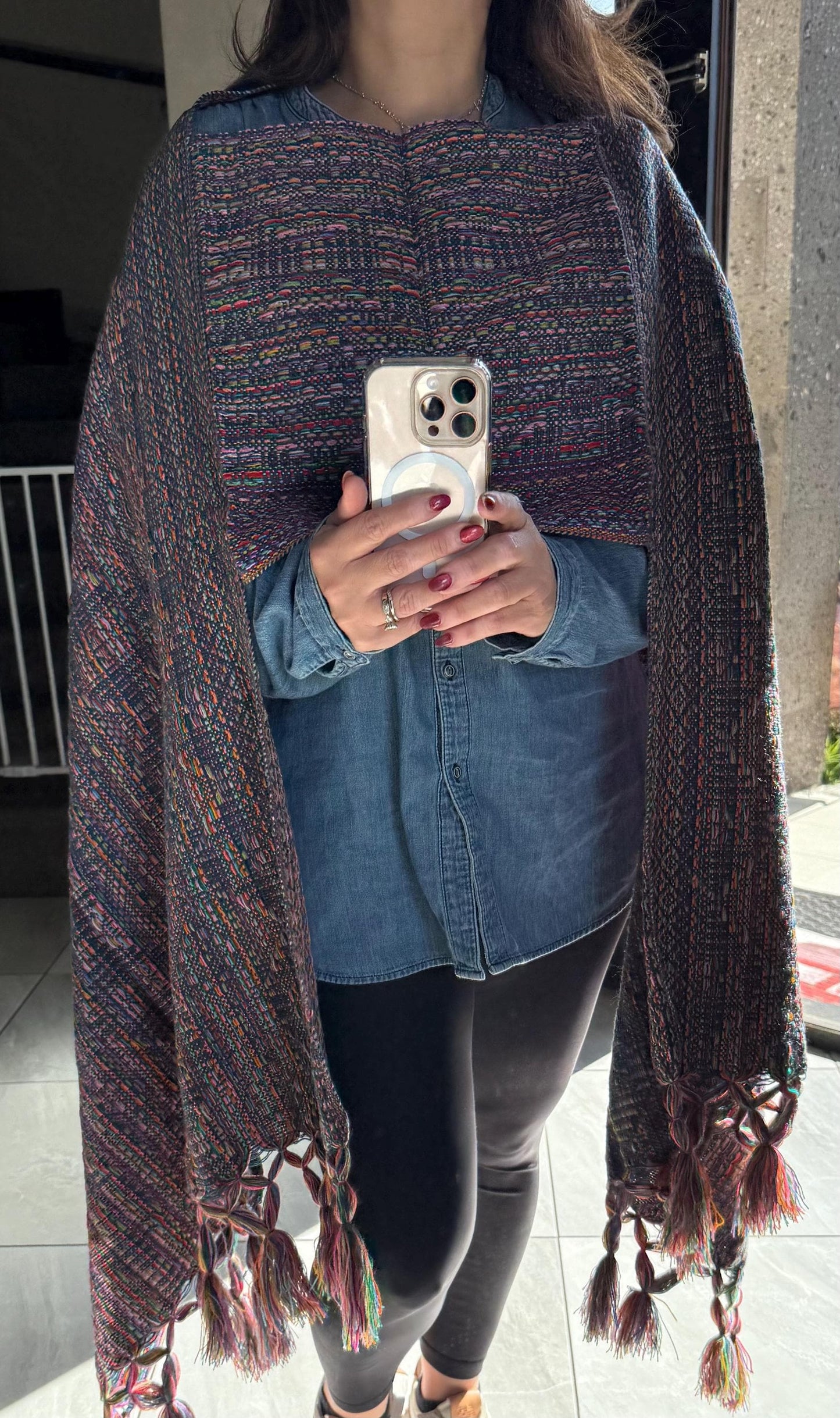 Mexican Rebozo with front panel – Dark Blue |  Multicolor Shawl from Puebla | 80x28 in | CasaArtMex