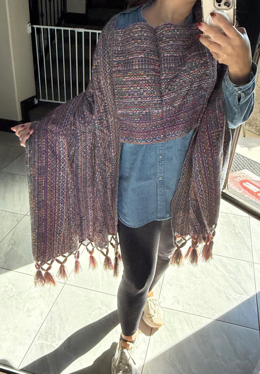 Mexican Rebozo with front panel – Dark Blue |  Multicolor Shawl from Puebla | 80x28 in | CasaArtMex
