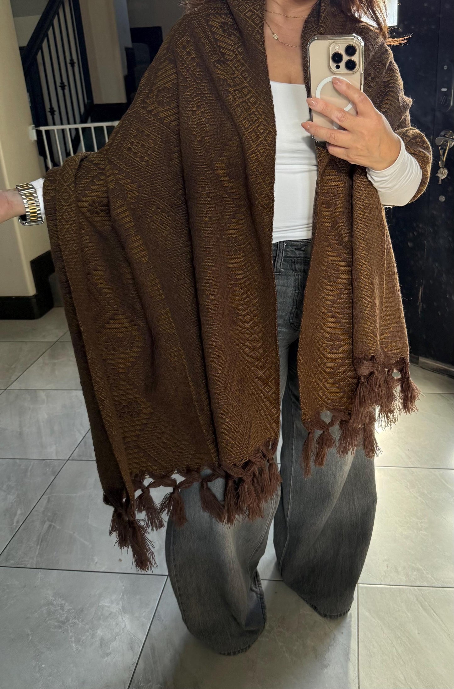 Handwoven Mexican Rebozo Shawl | Brown & Yellow Loom-Woven Wrap