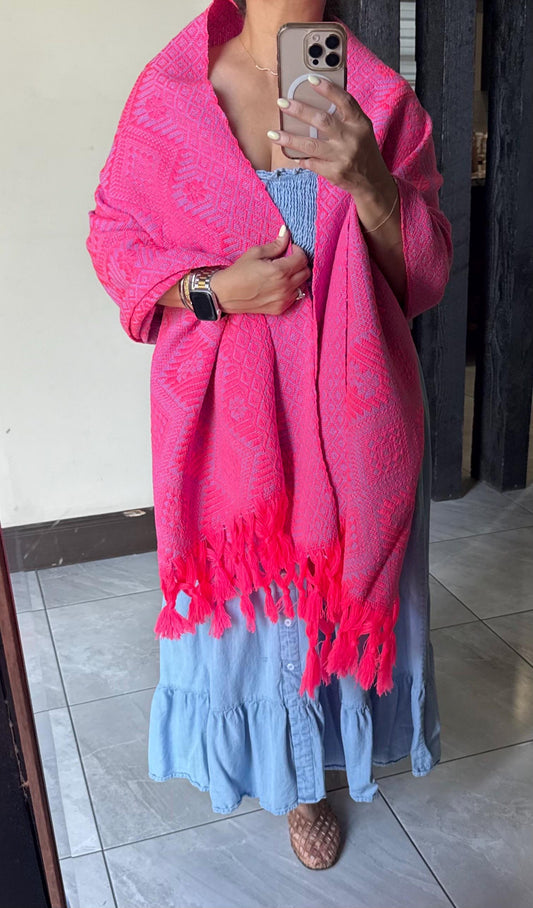 Traditional Mexican Rebozo | Pink | Purple | Shawl from Puebla | Loom-Woven Shawl | 80x28 in | CasaArtMex