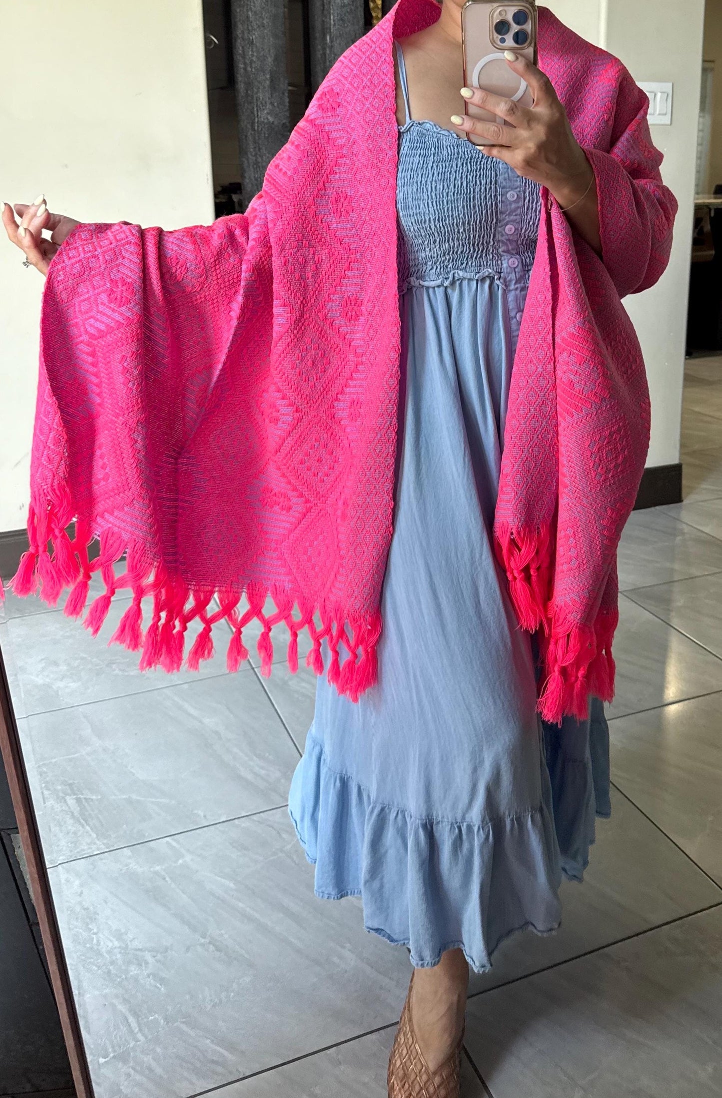 Traditional Mexican Rebozo | Pink | Purple | Shawl from Puebla | Loom-Woven Shawl | 80x28 in | CasaArtMex
