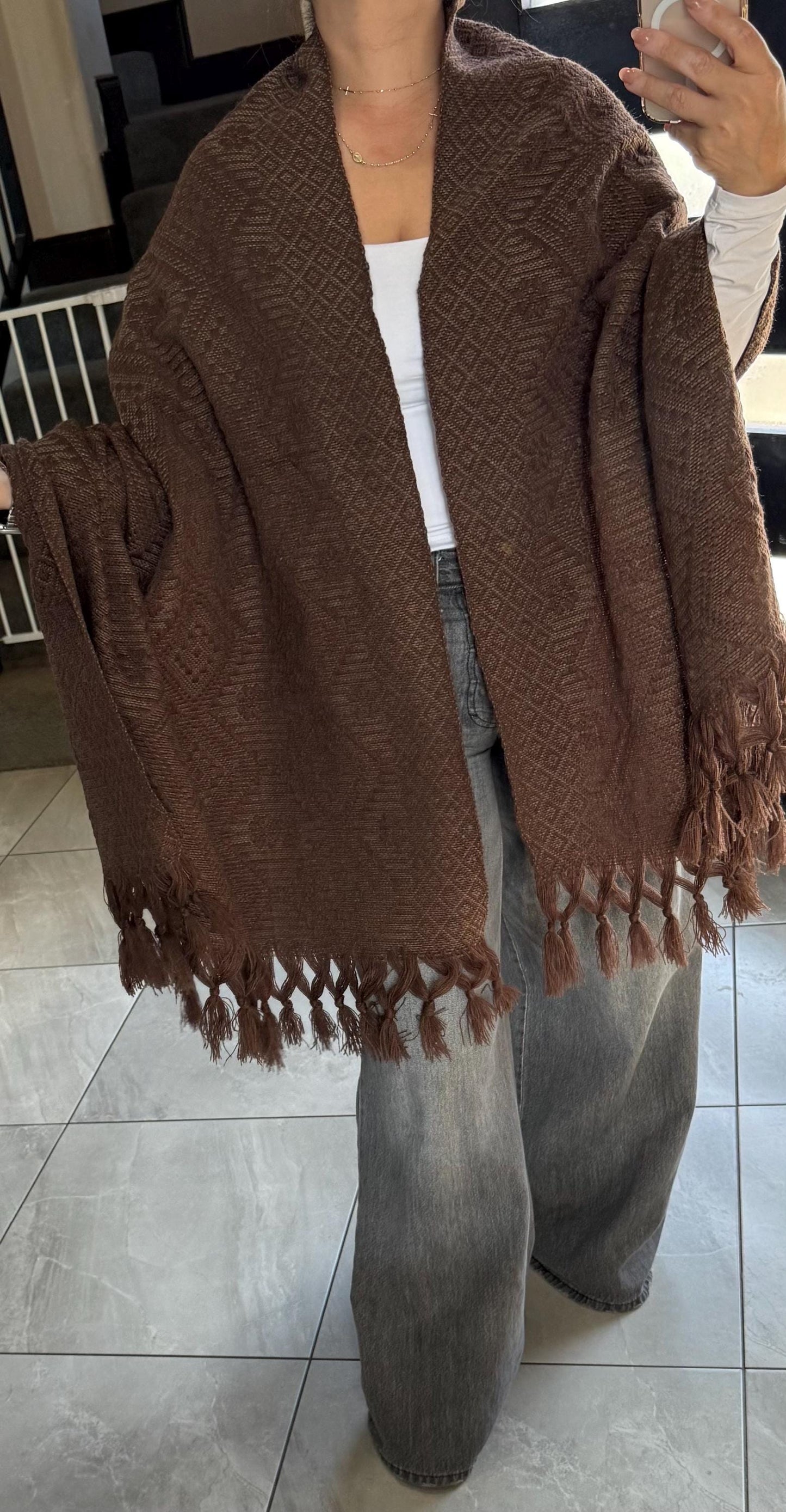 Handwoven Mexican Rebozo Shawl | Brown Traditional Loom-Woven from Puebla – 80x28 in – CasaArtMex