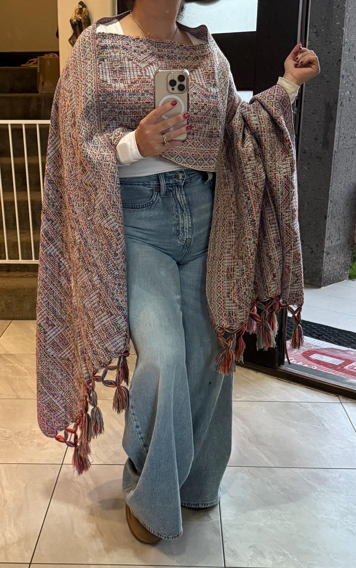 Mexican Rebozo with front panel –  Baby blue Multicolor Shawl from Puebla | 80x28 in | CasaArtMex