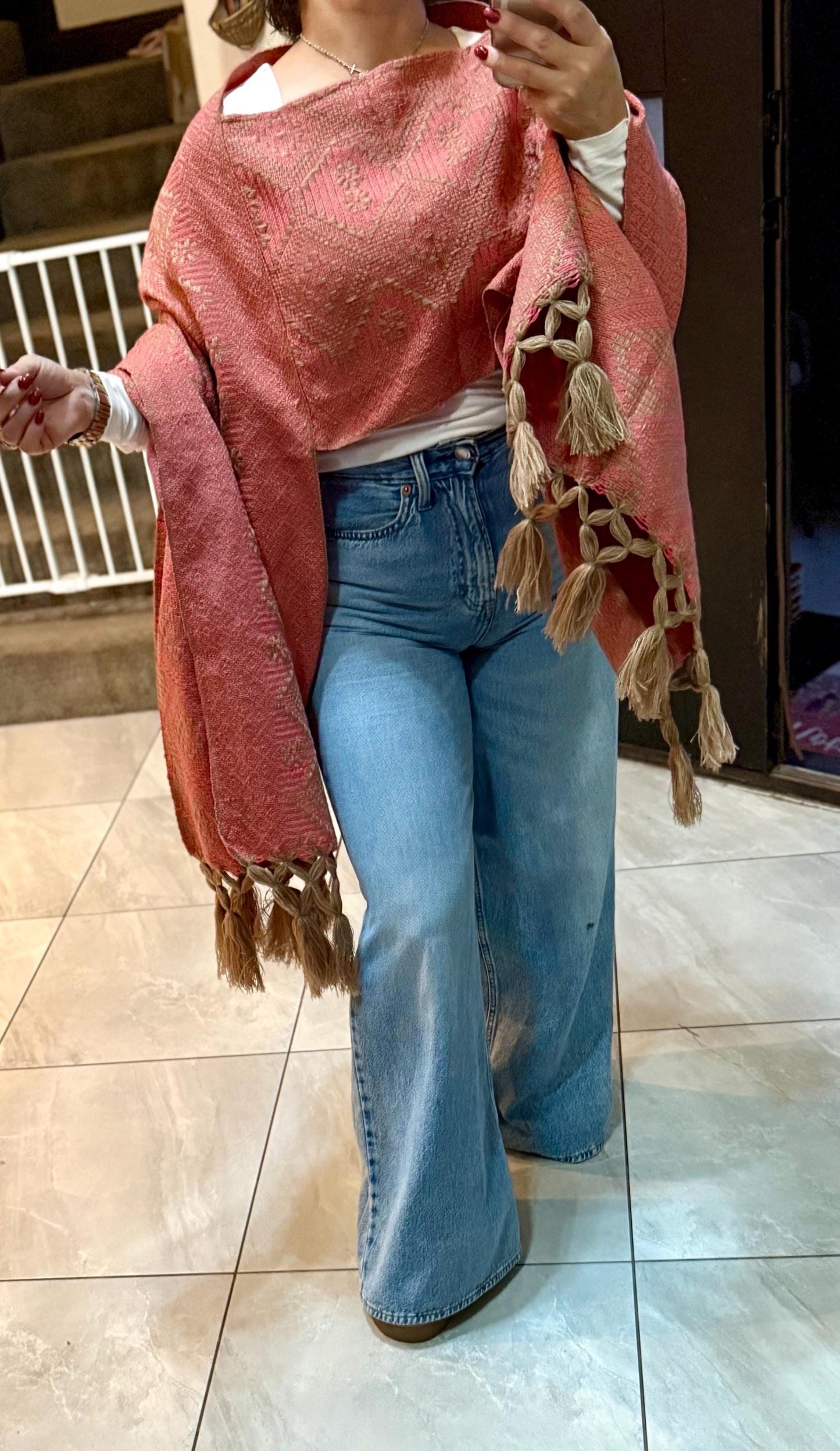 Handwoven Mexican Rebozo – Pink & Khaki Shawl from Puebla | 80x28 in | CasaArtMex