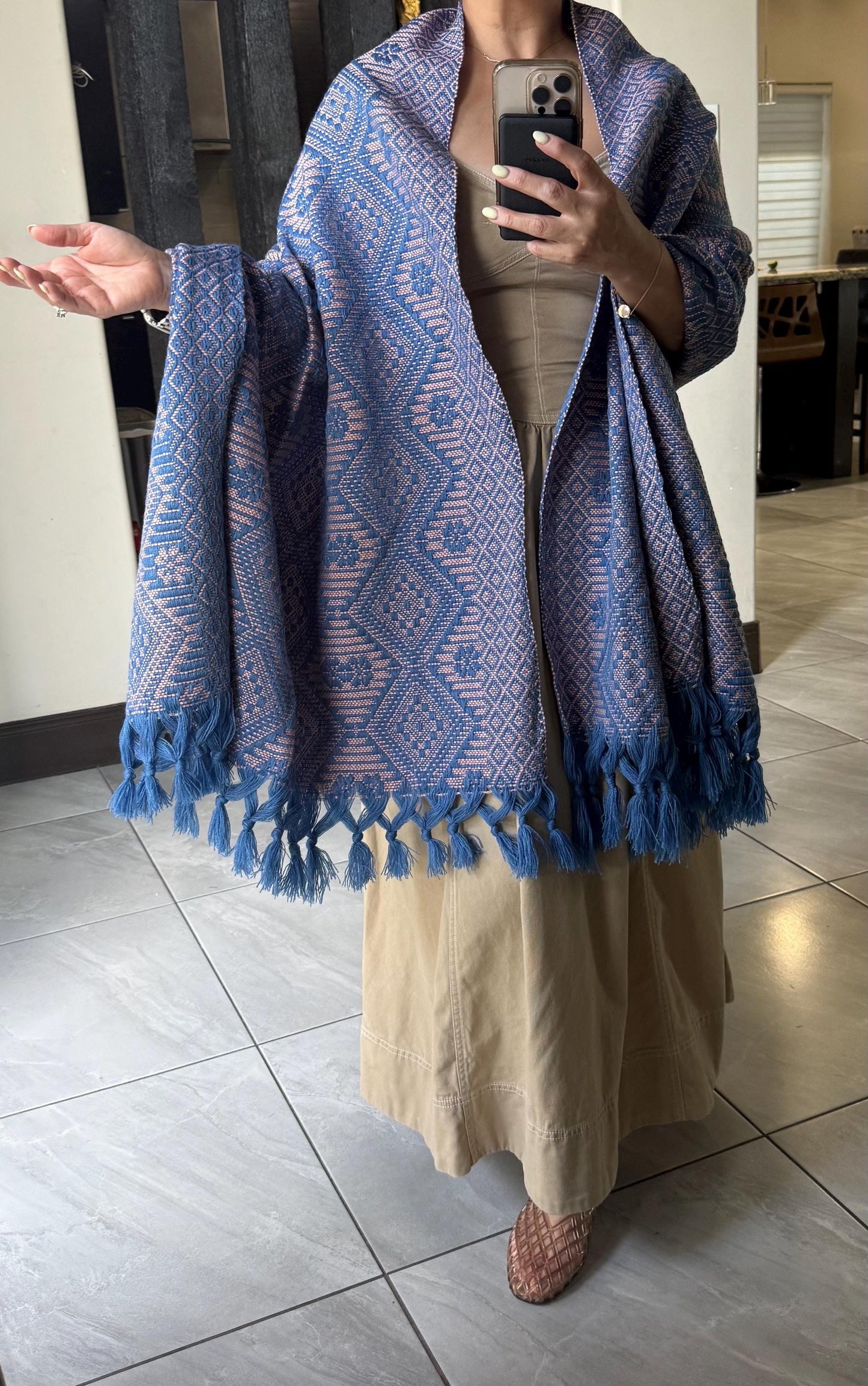 Traditional Mexican Rebozo |  blue | baby pink | Shawl from Puebla | Loom-Woven Shawl | 80x28 in | CasaArtMex