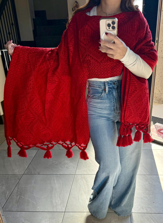 Handwoven Mexican Rebozo – Red Shawl from Puebla | 80x28 in | CasaArtMex
