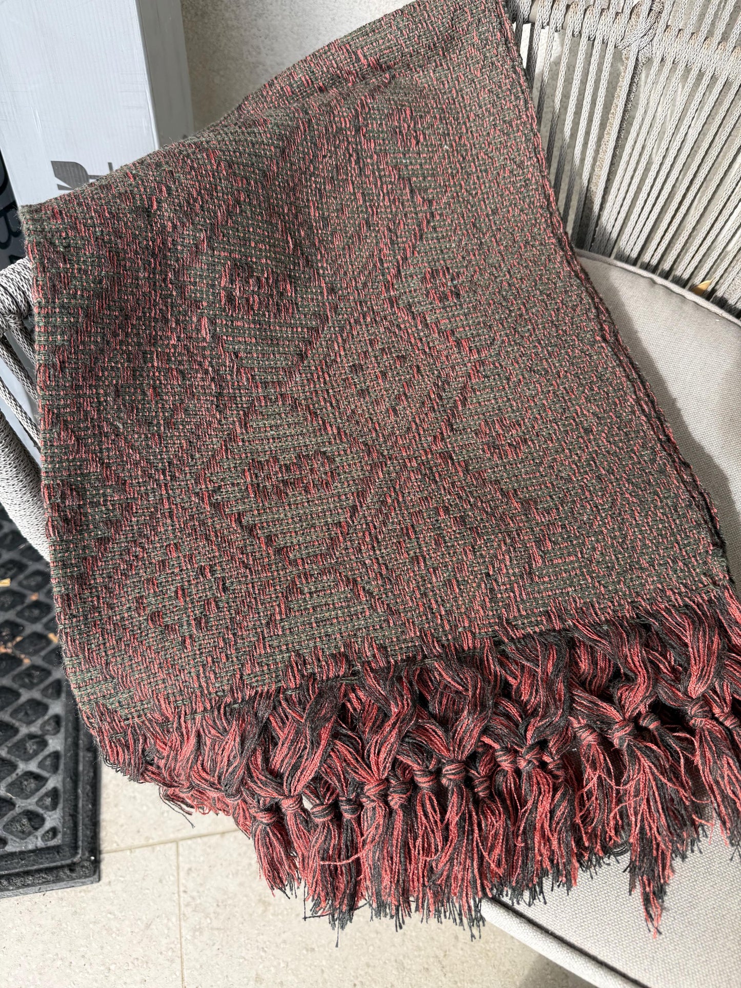 Handwoven Mexican Rebozo Shawl – Charcoal, Green & Peach, Puebla Artisan Craft