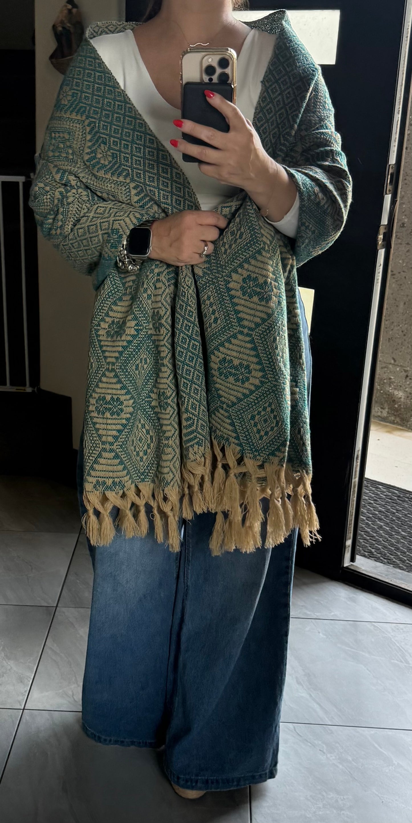 Traditional Handwoven Mexican Rebozo Shawl from Puebla | Khaki and Green | 80x28 in | CasaArtMex