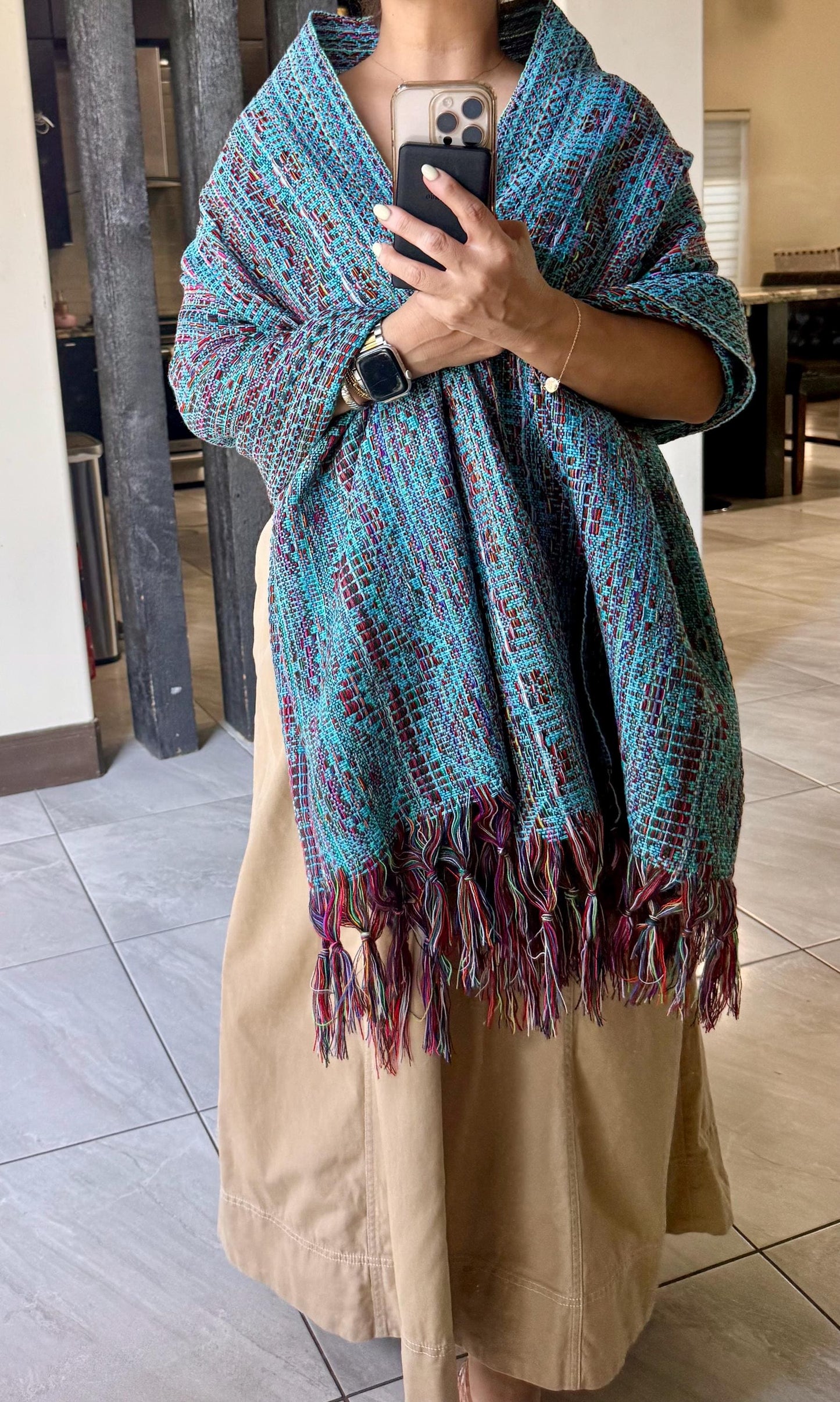 Traditional Mexican Rebozo | Turquoise | Multicolor | Shawl from Puebla | Loom-Woven Shawl | 80x28 in | CasaArtMex