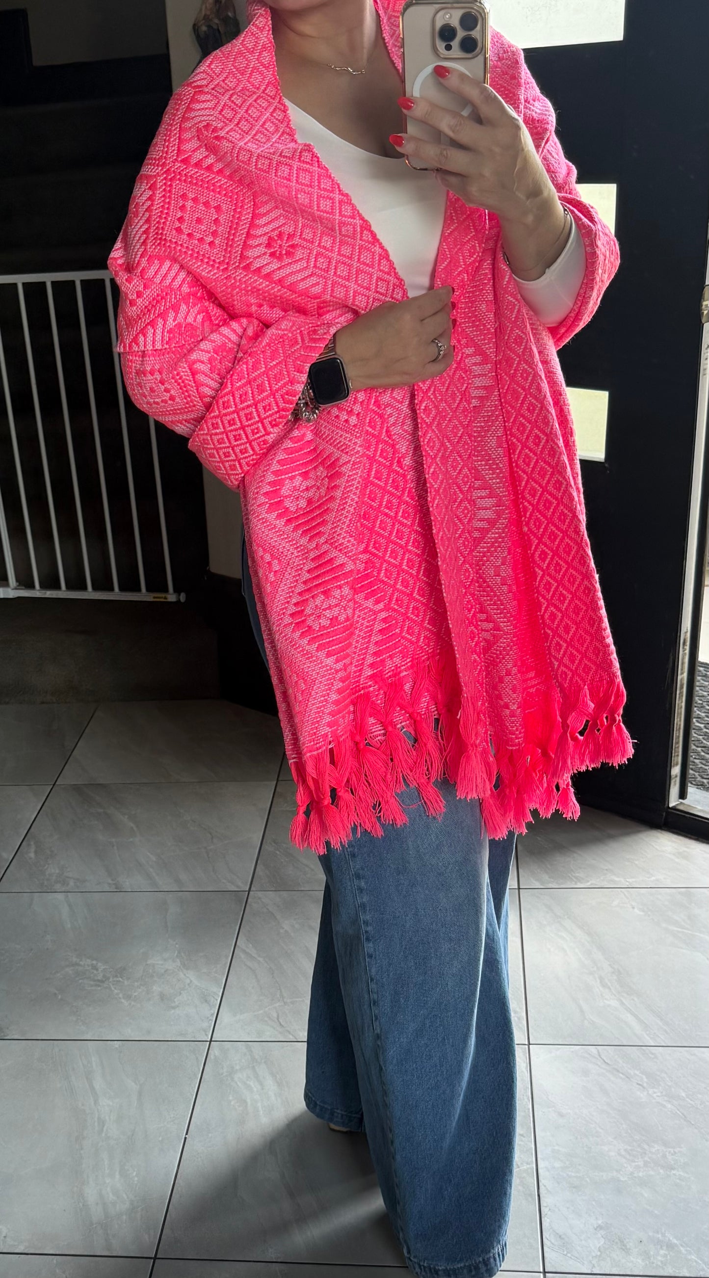 Mexican Rebozo Shawl Hot Pink & White Handwoven Artisan Wrap – Authentic Mexican Scarf from Puebla