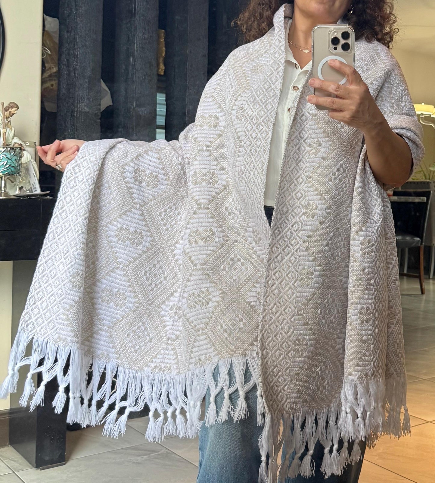 Traditional Handwoven Mexican Rebozo Shawl from Puebla |White & Khaki Loom-Woven Shawl | 80x28 in | CasaArtMex