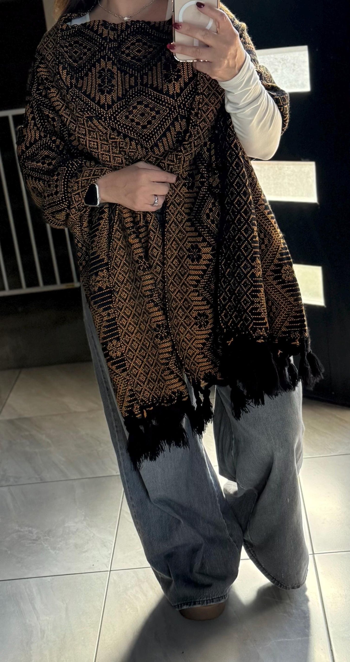 Handwoven Mexican Rebozo Shawl – Black & Yellow Puebla Scarf