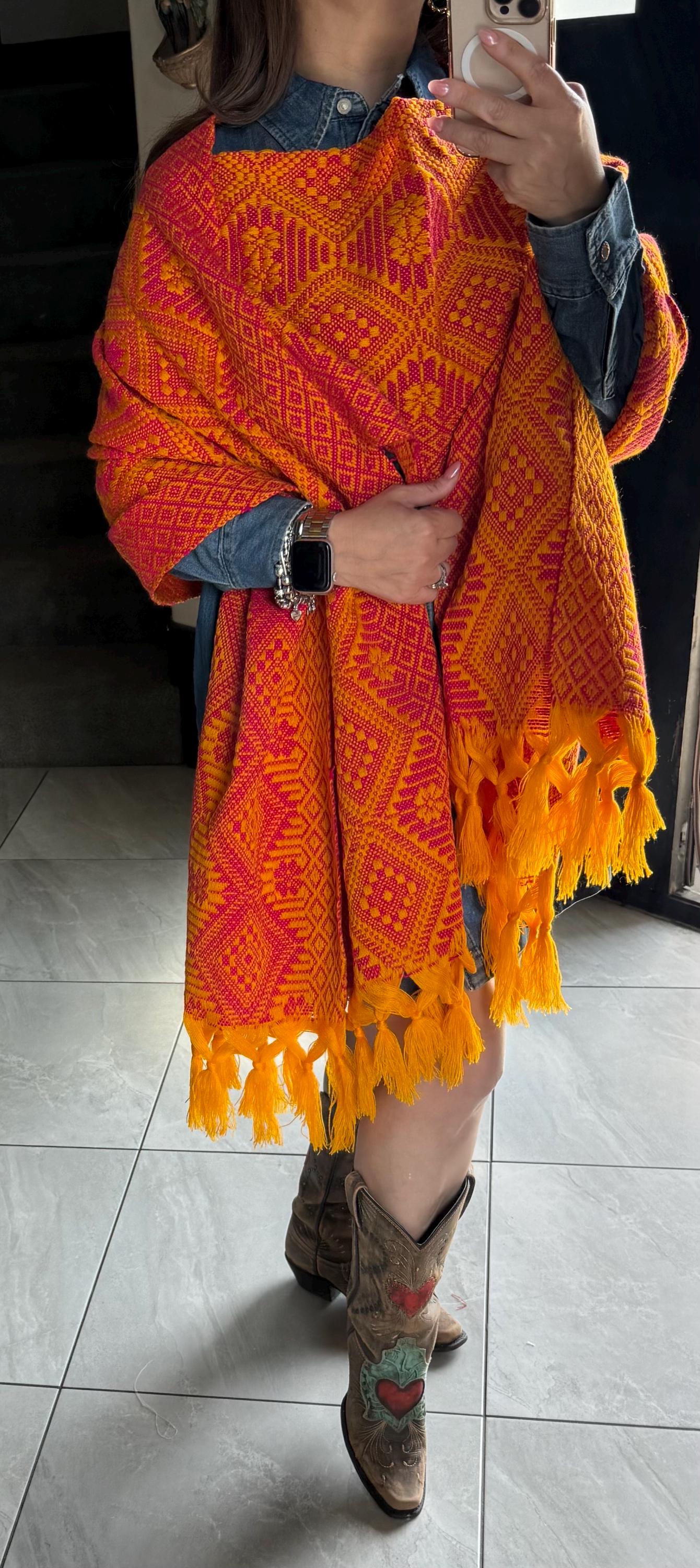 Handwoven Mexican Rebozo with pechera – Pink  | yellow |  Shawl from Puebla | 80x28 in | CasaArtMex