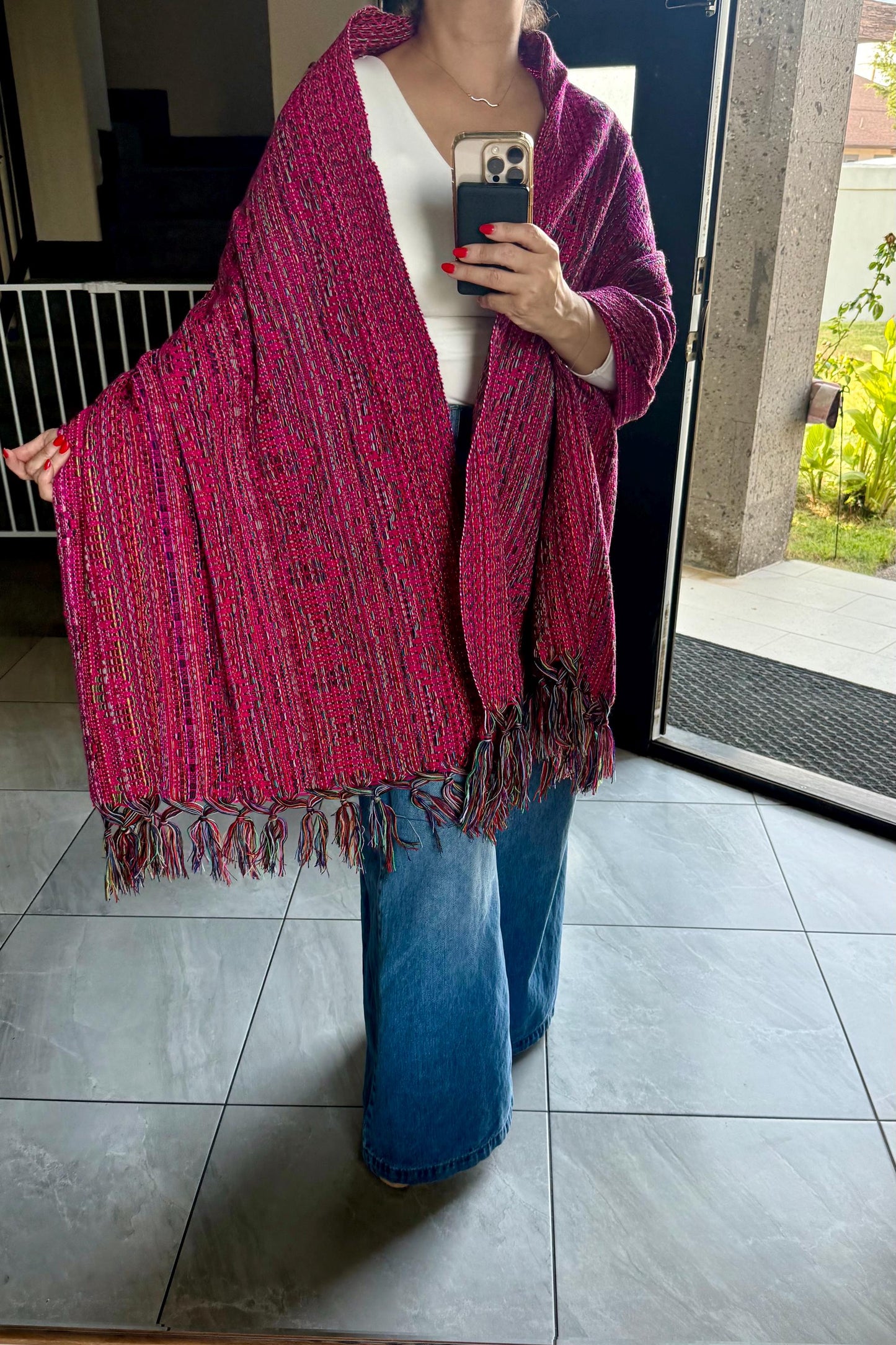 Mexican Rebozo  with front panel – Rosa Mexicano | Multicolor Shawl from Puebla | 80x28 in | CasaArtMex