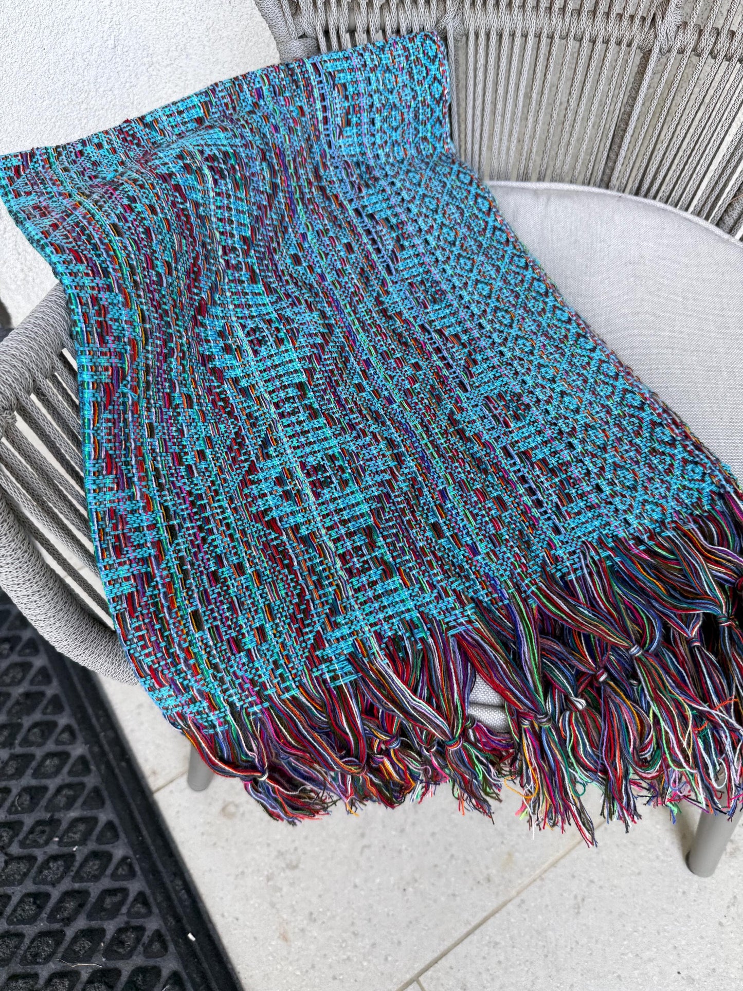 Traditional Mexican Rebozo | Turquoise | Multicolor | Shawl from Puebla | Loom-Woven Shawl | 80x28 in | CasaArtMex