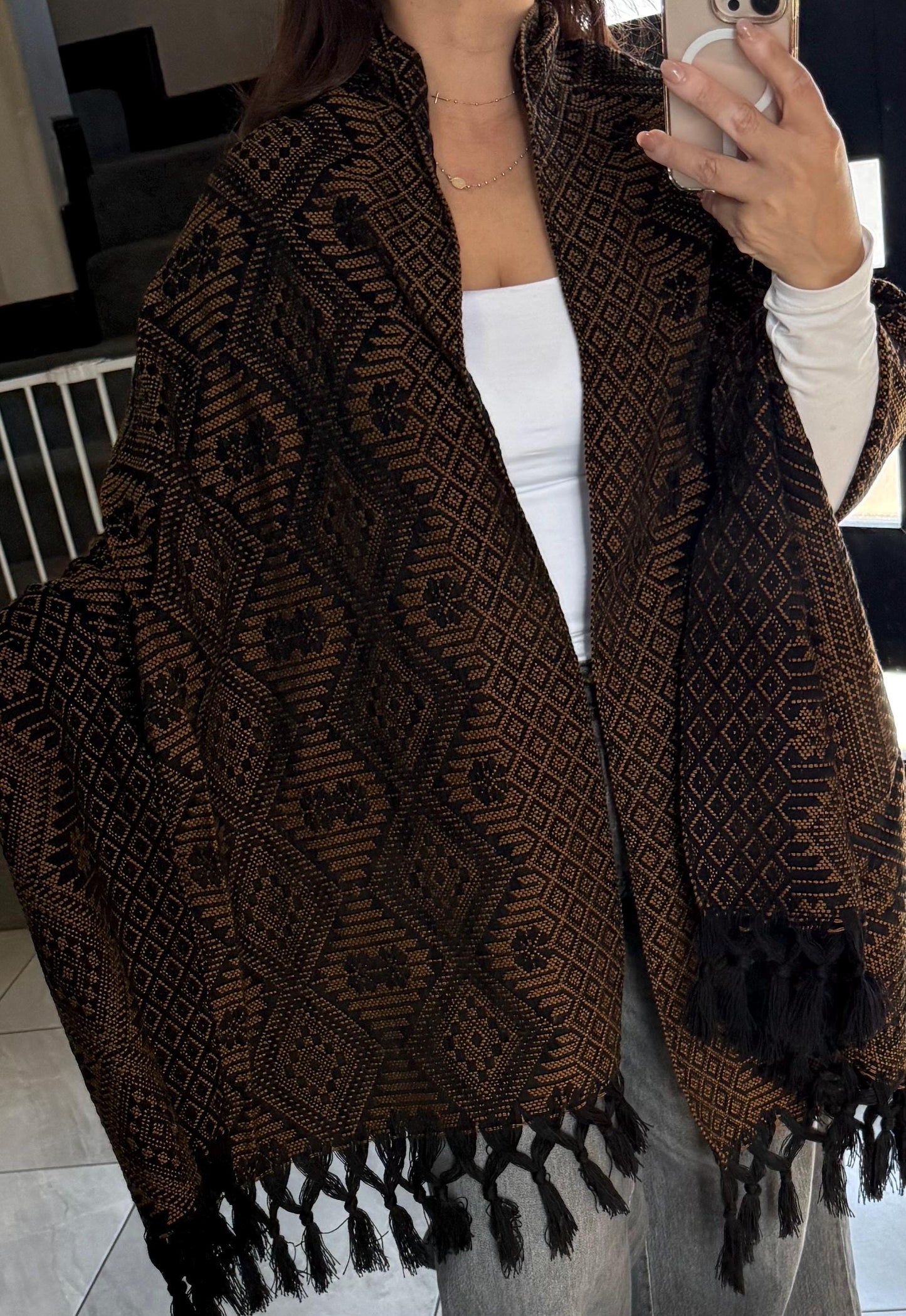 Handwoven Mexican Rebozo Shawl | Black & brown | Traditional Loom-Woven from Puebla – 80x28 in – CasaArtMex