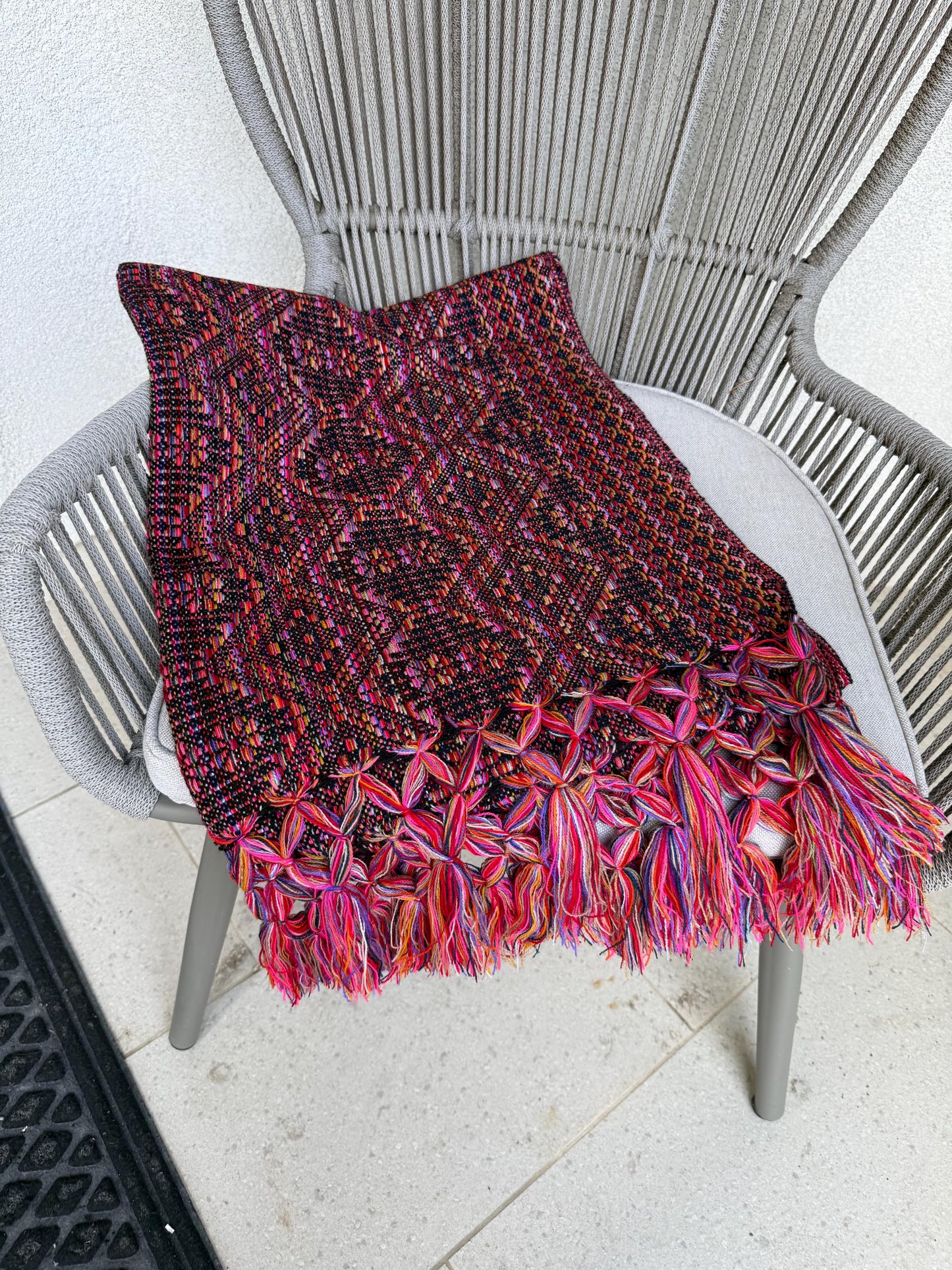 Mexican Rebozo with front panel – Black Multicolor Shawl from Puebla | 80x28 in | CasaArtMex