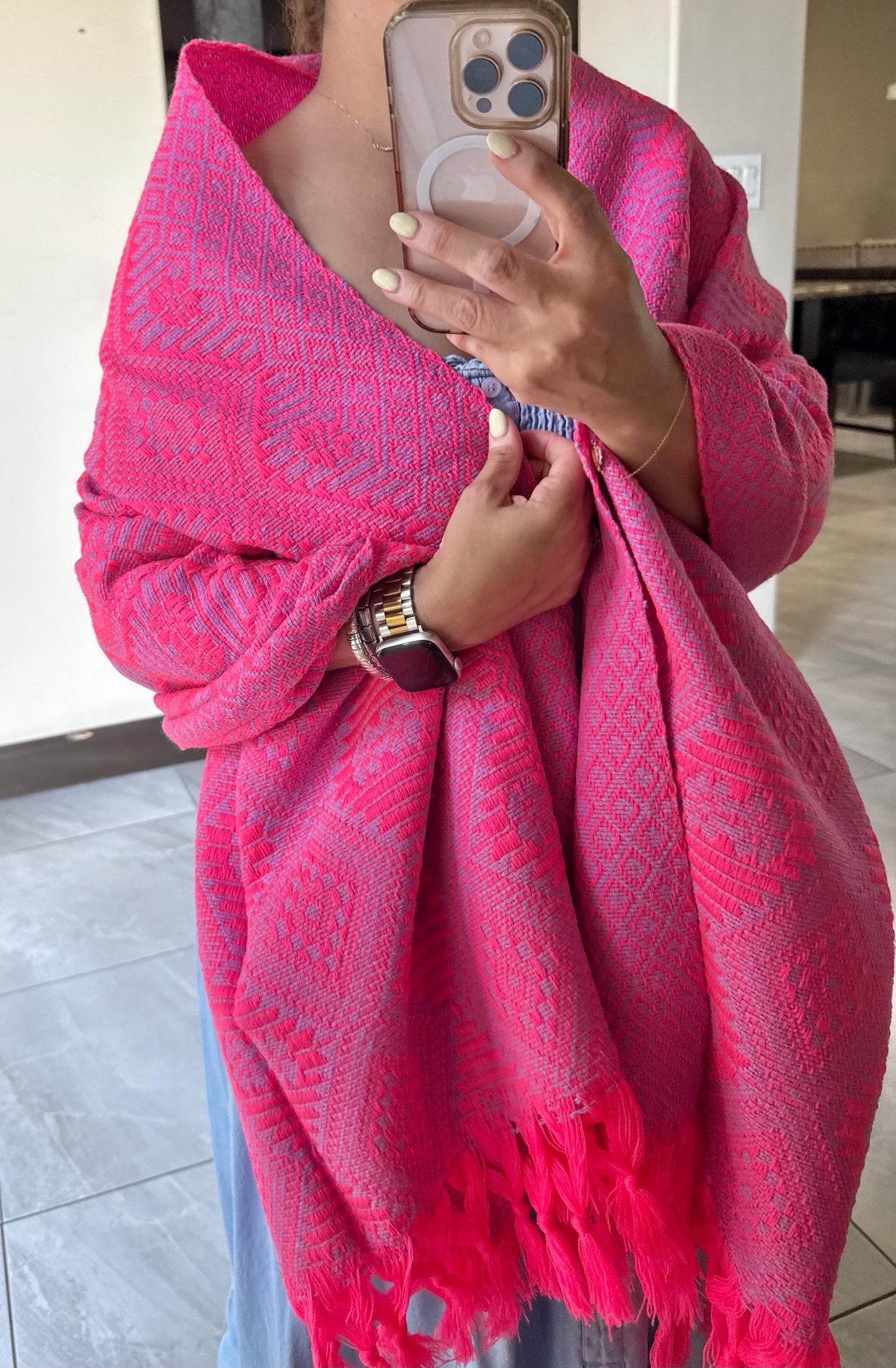 Traditional Mexican Rebozo | Pink | Purple | Shawl from Puebla | Loom-Woven Shawl | 80x28 in | CasaArtMex
