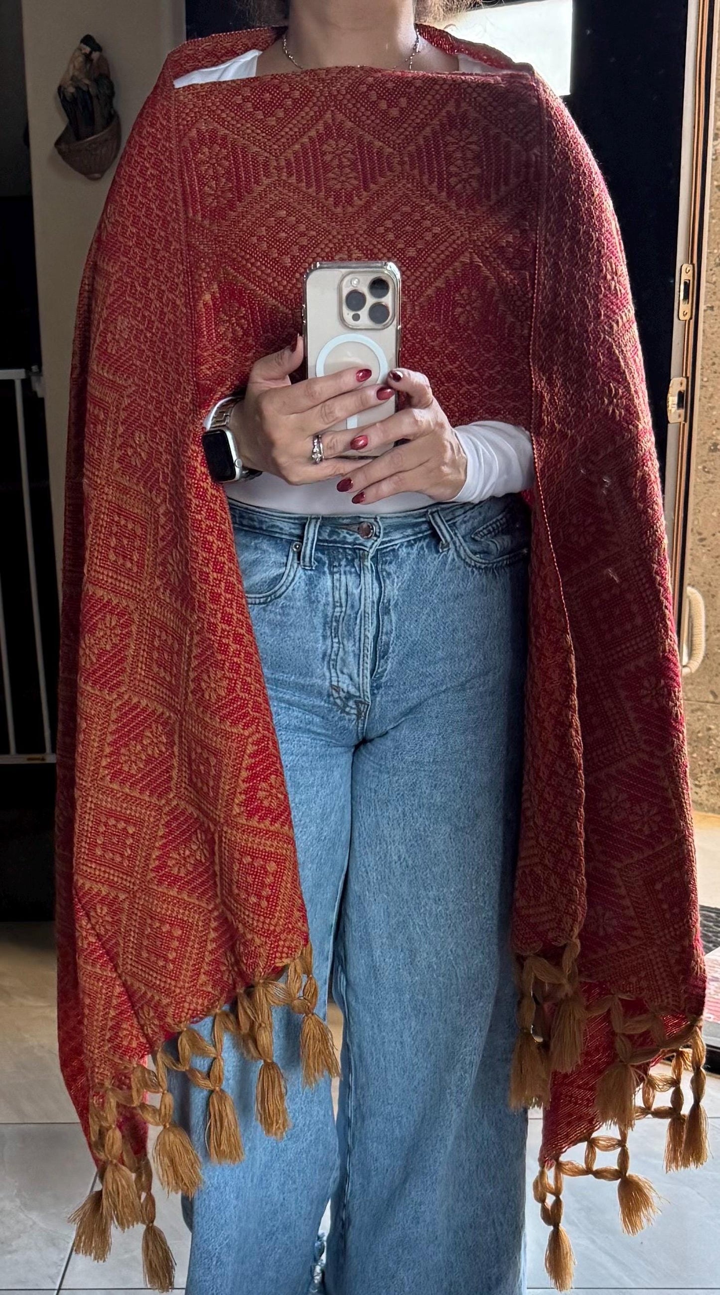 Mexican Rebozo Shawl with front panel (pechera) Gold & Red  – Handwoven Artisan Wrap – Authentic Mexican Scarf from Puebla